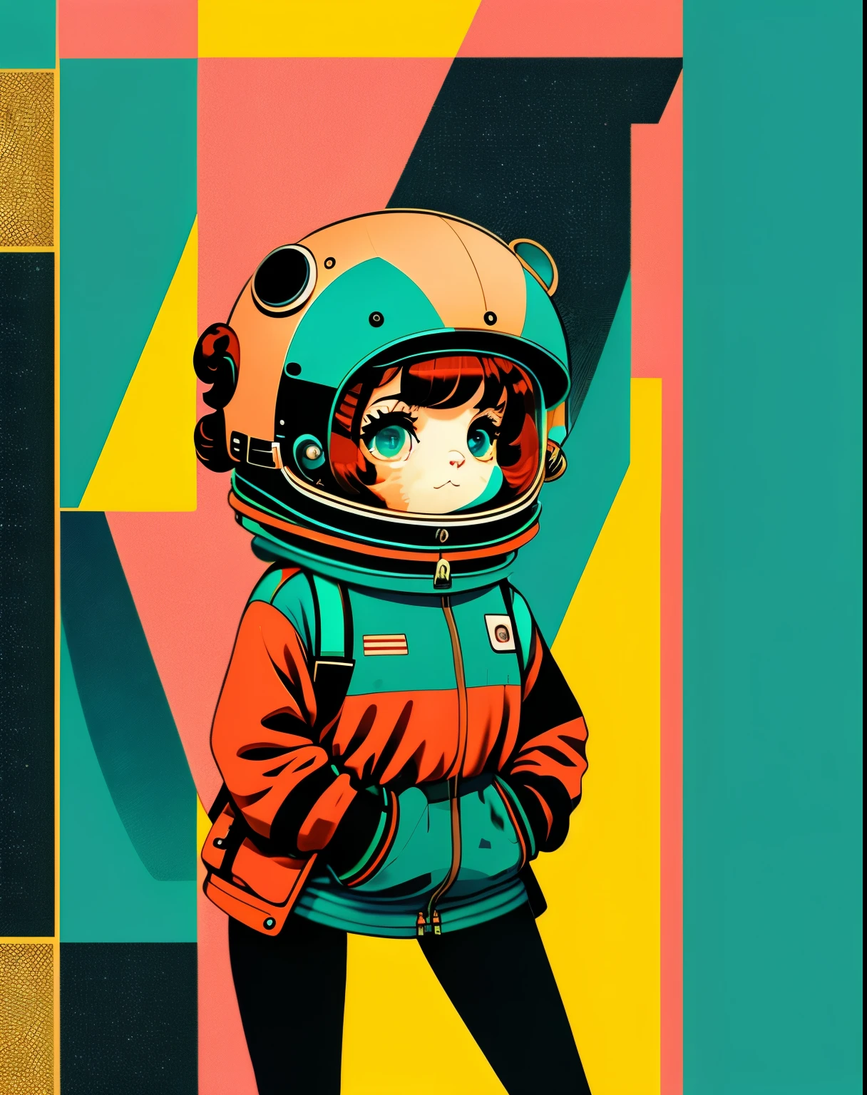 photo of a space explorer girl with a lemur as a pet, 1960's style, surreal Bauhaus background, style of laurie greasley, studio ghibli, akira toriyama, james gilleard, genshin impact, trending pixiv fanbox, acrylic palette knife, 4k, vibrant colors, devinart, trending on artstation, low details