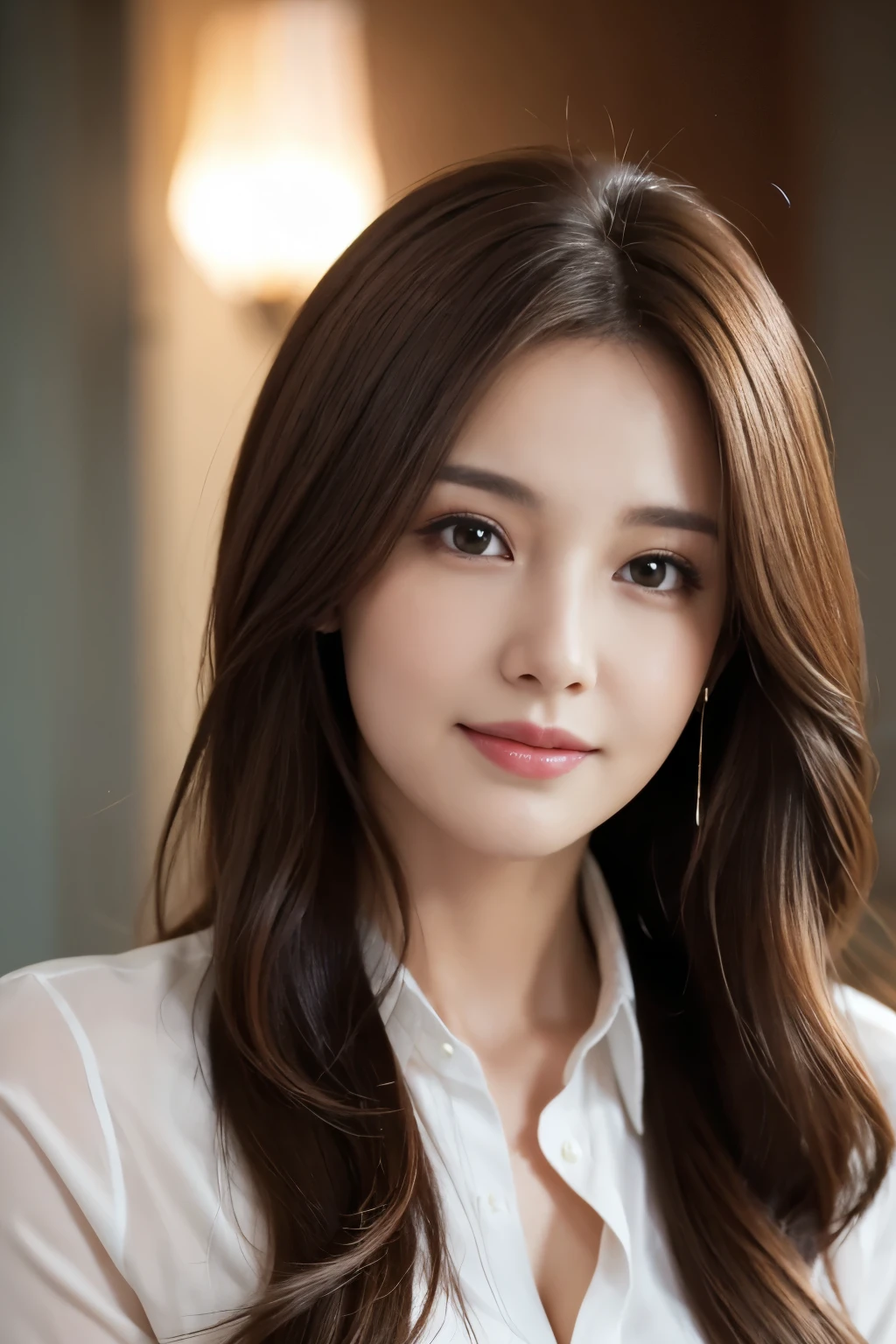 table top, highest quality, realistic, super detailed, finely, High resolution, 8k wallpaper, 1 beautiful woman,, light brown messy hair, wearing a business suit, sharp focus, perfect dynamic composition, beautiful and fine eyes, fine hair, Detailed realistic skin texture, smile, close-up portrait, model body shape