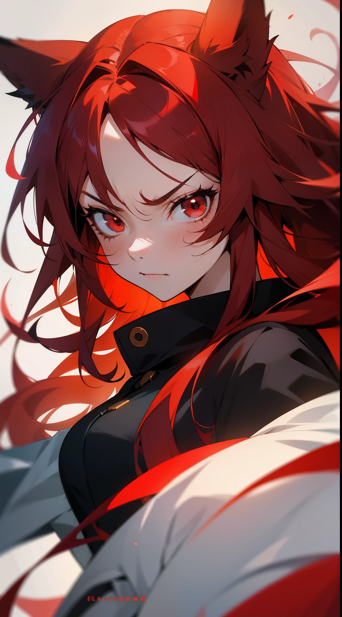 1girl,20 years old,mature female,fox ears,long hair,red hair,red eyes,portrait,angry