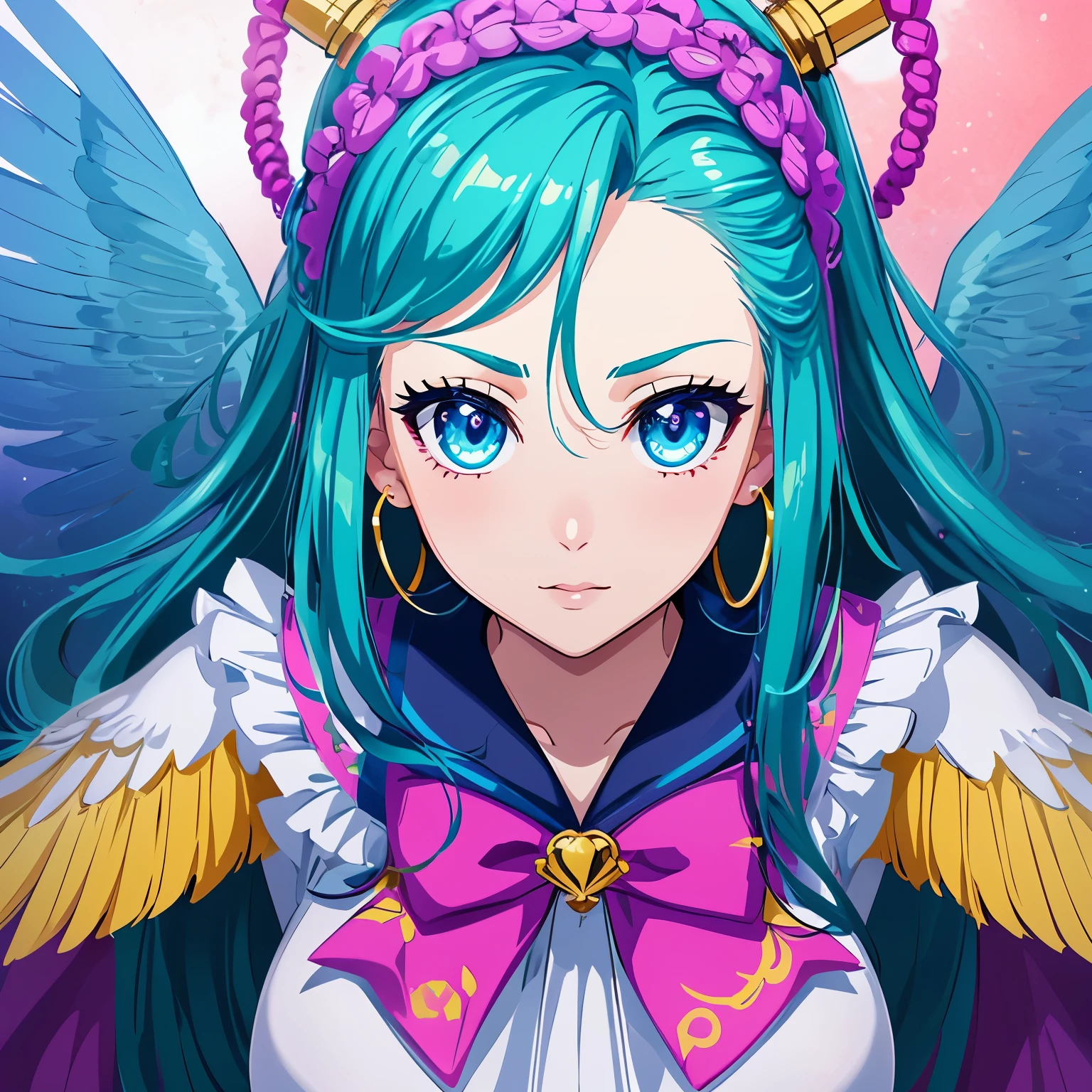 Close up, 1 girl, (sailor chiseki uniform:1.2), (aqua eyes:0.9), pastel rainbow hair, long hair, wedge skirt, best quality, earrings, masterpiece, high resolution, intricate details, (realistic)), photography, jewelry, largw breasts, full body, dynamic background, dynamic pose, light tan skin, anime art style