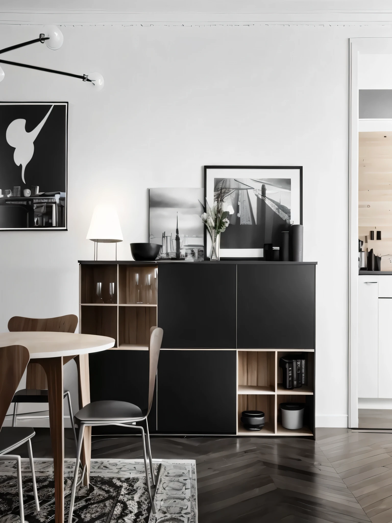 There is a black and white photo of the restaurant, Apartment with black walls, by Vadim Melai, scandinavian style, black furniture, scandinavian design, author:Anton Müller, author:Jürgen von Hundberg, author:Jens Sendergaard, author:Sven Nordqvist, author:Jacob Kenin, Inspired by Constantin Hansen