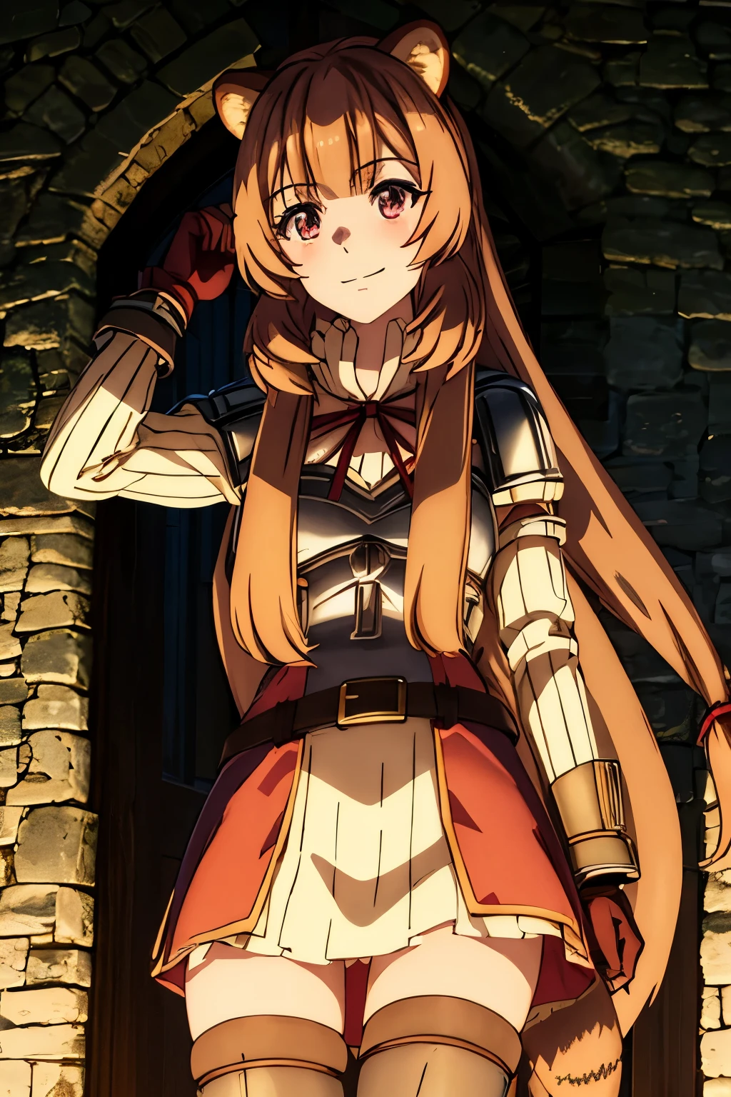 masterpiece, best quality, Raphtalia, 1girl, solo, long hair, breasts, looking at viewer, blush, smile, brown hair, red eyes, thighhighs, long sleeves, dress, holding, animal ears, very long hair, closed mouth, belt, armor, red ribbon, animal ear fluff, neck ribbon, brown gloves, breastplate, raccoon ears, raccoon tail, raccoon girl, 