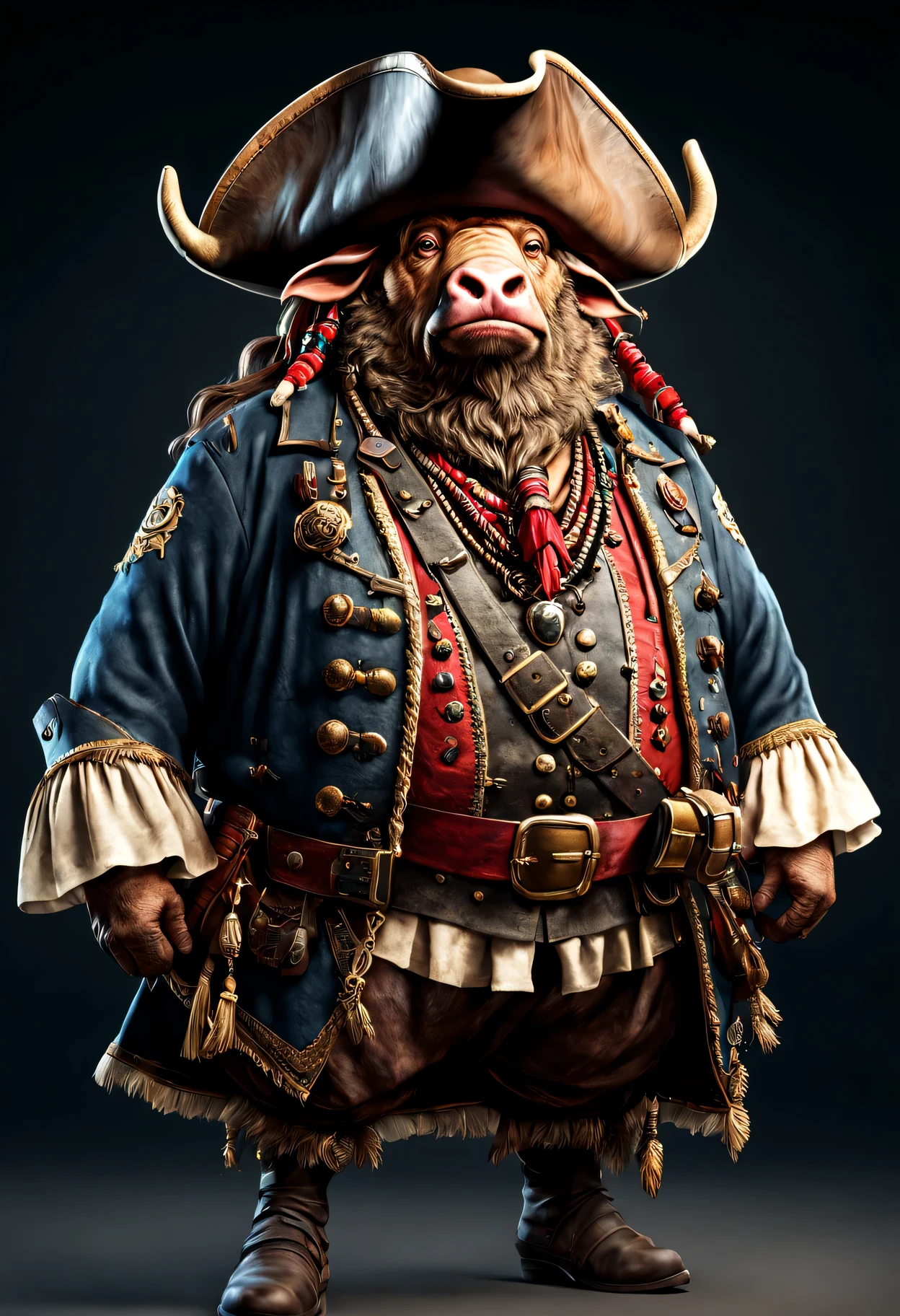 photorealistic portrait of Dressed animals - a ((fat)) buffalo pirate,(brave pose), high quality,(lovely) ,intricate details, highly detailed ((pirate's hat and clothes)) ,,highly detailed decorations, , (brave), studio lighting,(full body image:1.5)