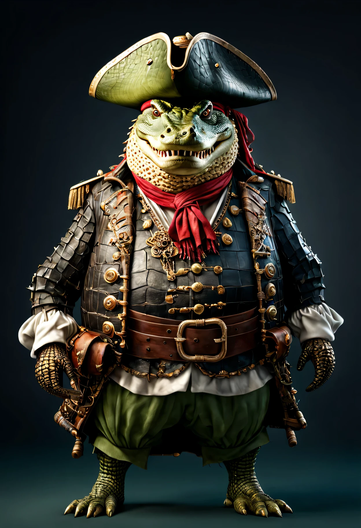 photorealistic portrait of Dressed animals - a ((fat)) crocodile pirate,(brave pose), high quality,(lovely) ,intricate details, highly detailed ((pirate's hat and clothes)) ,,highly detailed decorations, , (brave), studio lighting,(full body image:1.5)