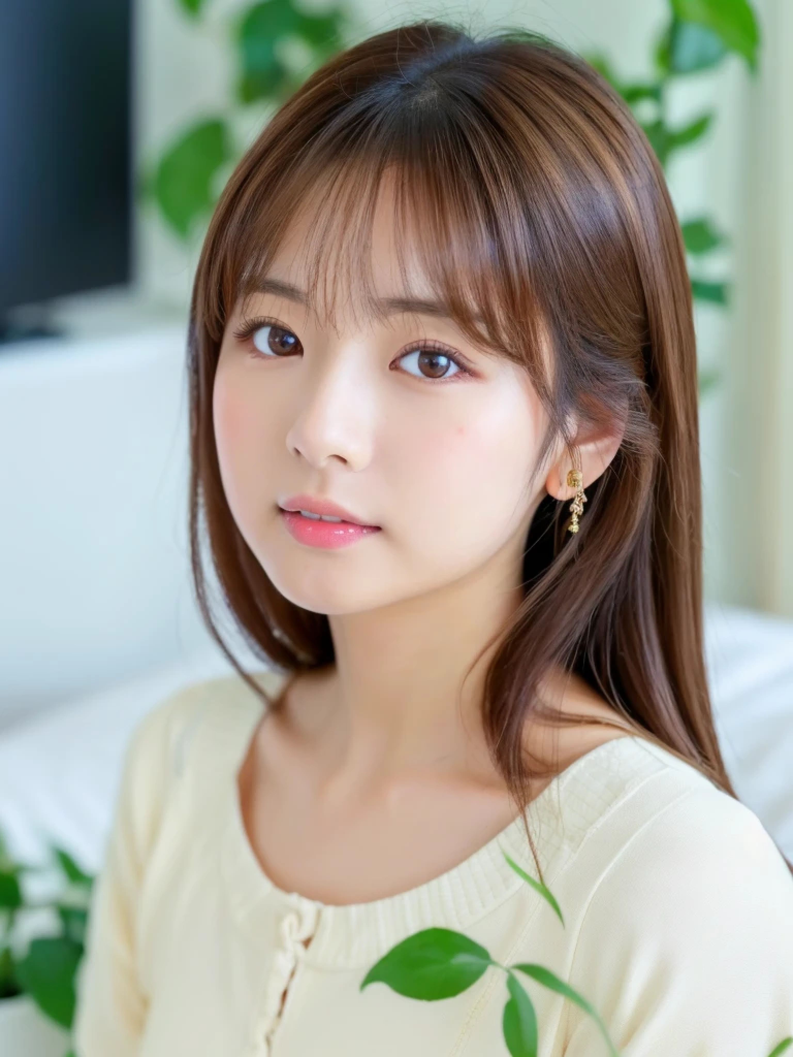 ((cute日本の女の子、beautiful japanese girl、1 girl、19 years old、Highly detailed face and skin texture、super detailed face、highly detailed eyes、Lee Hong、blush、ponytail、close-up of woman、front、cute、Highly detailed face and skin texture、smooth white skin、Transparent skin texture、))、(dark brown hair)、look at the camera、sharp focus:1.2、beautiful woman with perfect style:1.4、japanese model、young gravure idol、若いcuteグラビアアイドル、Realistic young gravure idol、sophisticated gravure idol、((highest quality、8K、masterpiece:1.3、1photograph))、(4K、RAWphotograph、highest quality)、Place someone on the other side of the screen、Natural light、((morning、noon、Bright interior、white room、Sense of cleanliness、bedルーム、bed、観葉plant、plant))、