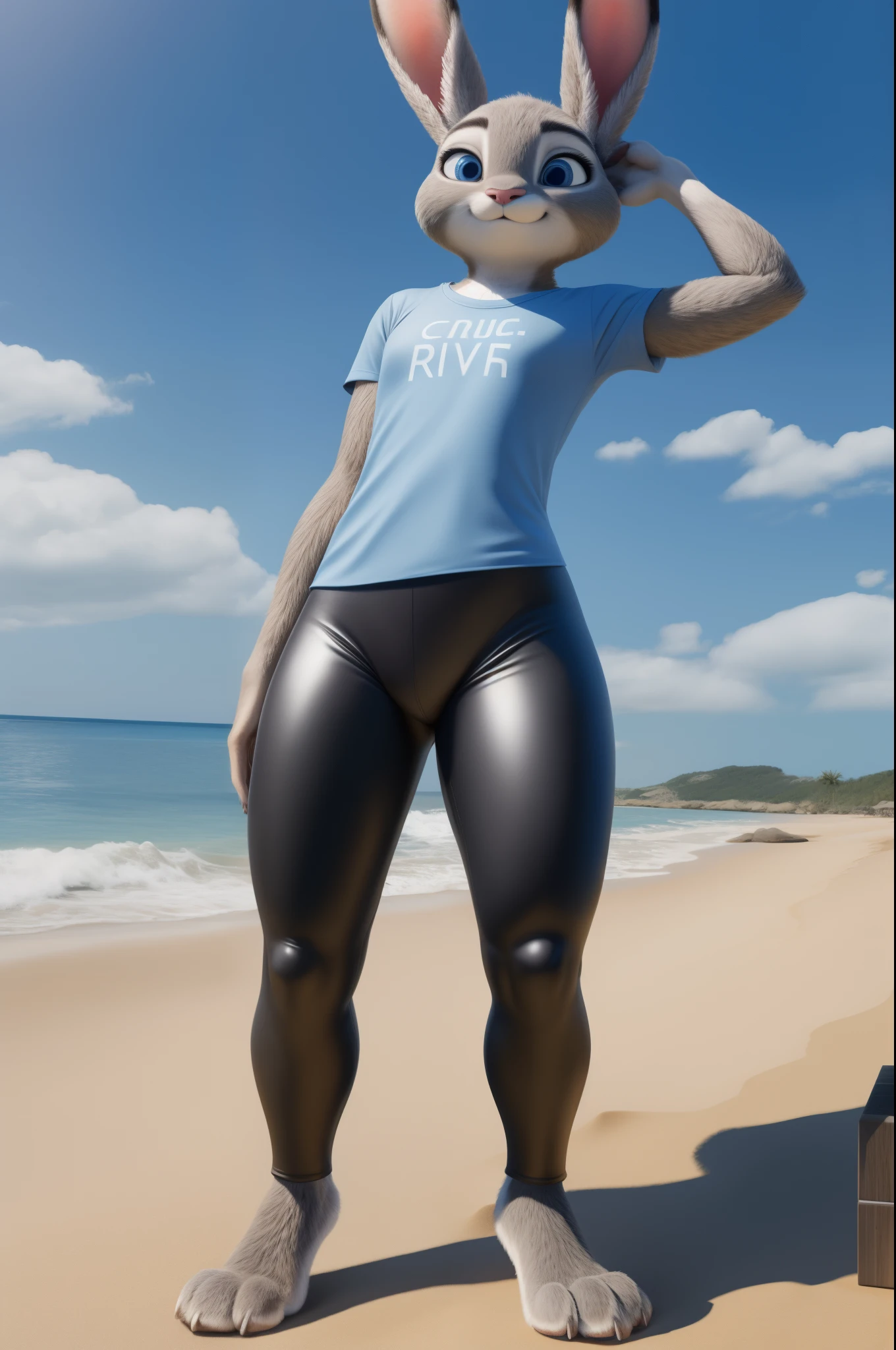 judy hopps,realistic fur,bright blue eyes,masterpiece HIFI,Skinny,crotch view,Leather leggings,T-shirt,beach,paws pose,thick thighs,thick paws,Standing Stand