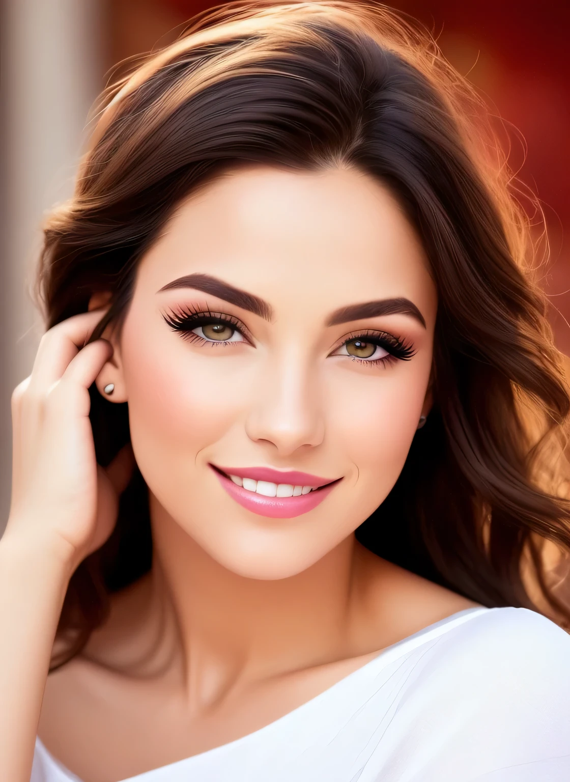Chica rubia, con pecas en todo su cuerpo y rostro. Cejas color rosa claro y ojos bicolor ; un ojo completamente blanco y otro color rosa. Belleza singular, nariz respingada y con una mirada inocente, accompanied by a beautiful smile