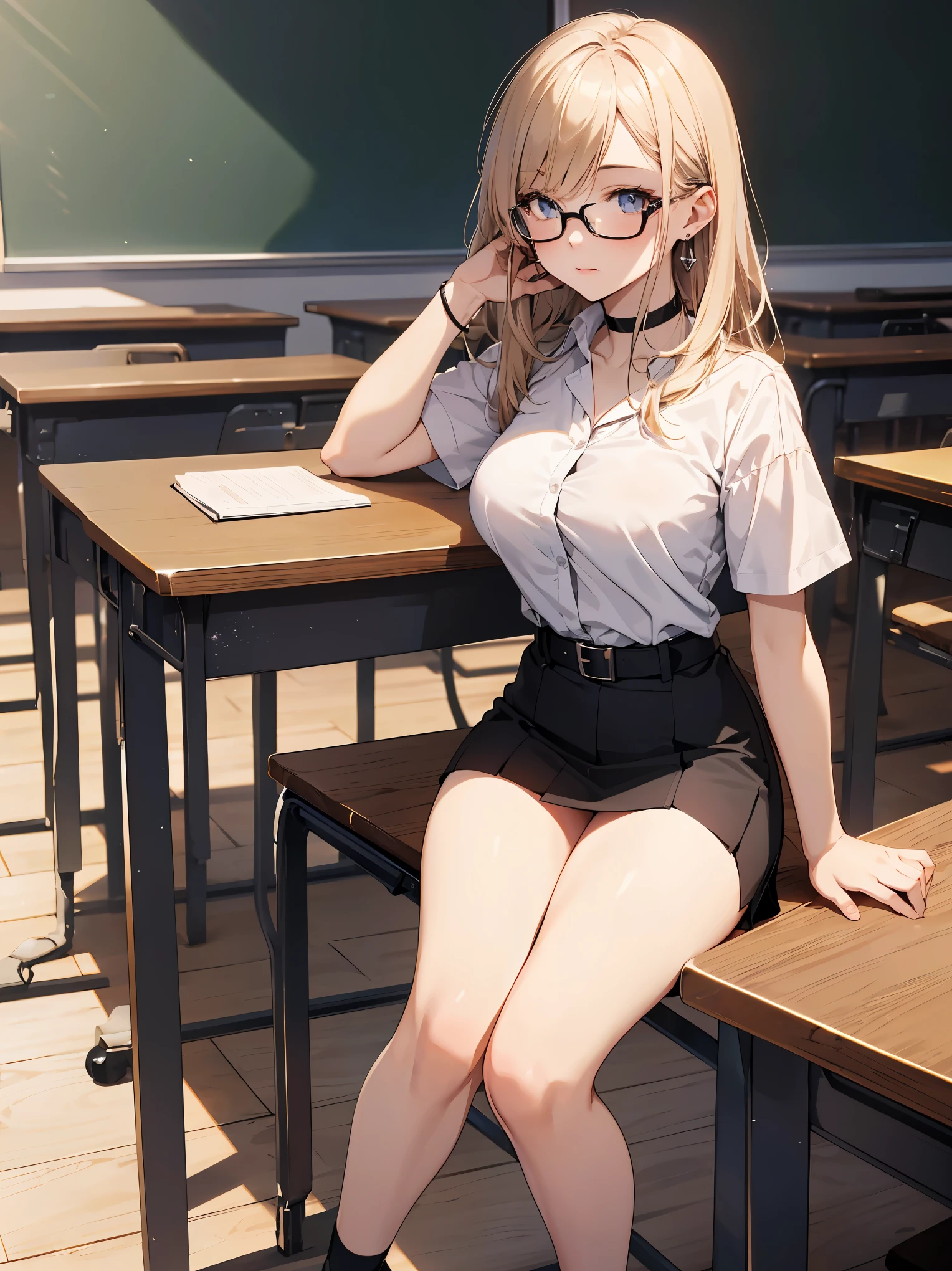 absurdres, 1girl, blush, (realistic:1.5), (masterpiece, Extremely detailed CG unity 8k wallpaper, best quality, highres:1.2), (ultra_detailed, UHD:1.2), perfect illumination, distinct, (1girl:1.4), looking at viewer, unreal engine, sidelighting, perfect face, detailed face, perfect body, beautiful eyes, pretty face, (bright skin:1.4), idol, (abs), ulzzang-6500-v1.1,,((narrow waist)),(blonde hair),MAHALAIUNIFORM,(((WHITE SHIRT SHORT SLEEVES))),((BLACK polished PENCIL SKIRT)),((BLACK PLEATED SKIRT)),((in the classroom)),(choker),((white shirt short sleeves )),((black pencil skirt)),(belt),((sitting on the table)),(Full body:1.4),bangs,((glasses)),sharp eyes,peck the corners of the mouth,silver earrings,hands in hair,silver watch,((medium breast))