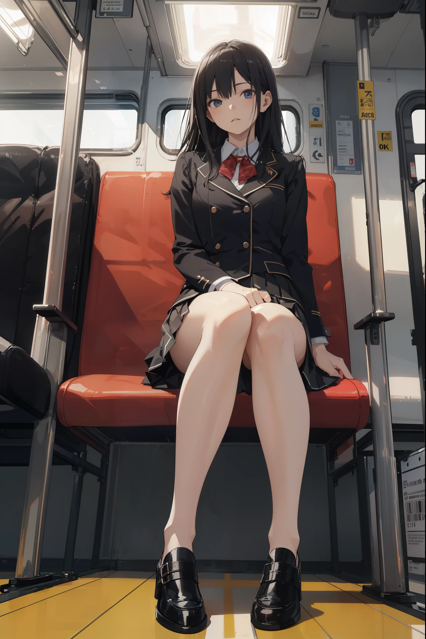 "(Masterpiece, High Definition, Ultra High Definition, 4K) Black hair, Japan girl, uniform skirt, emphasizing thighs, white thighs, soft thighs, glossy thighs, sitting on the train, face-to-face angle, (angle from below),sitting in the train seat,Sitting in front,Zoom camera in the crotch,Feet on the train floor,Full body,Looking down and sleepy,Looking at the viewer only", best quality, ultra high definition, (photorealistic:1.4),, high resolution, detail, raw photo, sharp re, Nikon D850 film stock photo by Lee Jefferies 4 kodak portra 400 camera f1.6 lens rich colors hyper realistic lively textures dramatic lighting unreal engine artstation trends cinestir 800,