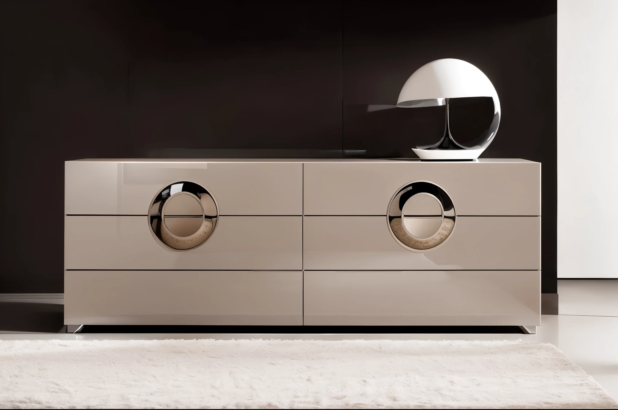There is a white dresser，There are two round knobs on it, modern gallery furniture, designer furniture, with smooth lines and a powerful, HD elegance, glossy finish, high gloss, edge vignette, george, Smooth curvature design, Furniture design, Stylish and modern atmosphere, Surreal&quot;, Surreal&quot;, extremely polished, Amazing high technology, elegant minimalism, smooth