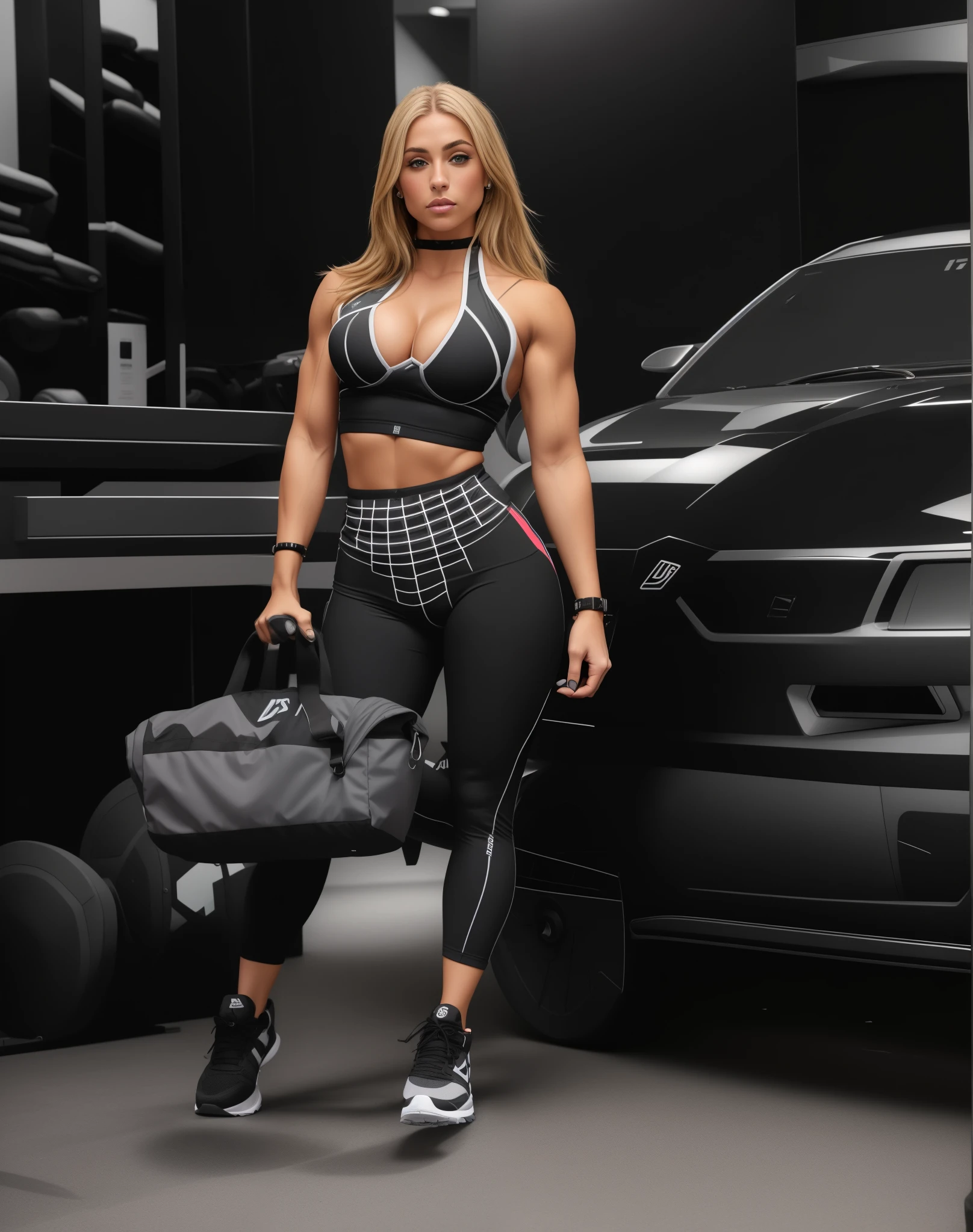 Bowsette com roupa preto e branco com bagagem no estacionamento, esportivo physique, fotografia de uma mulher techwear, athletic fashion photography, esportivo,  apta, Modelo de fitness, vestindo equipamento de fitness, ensaio de moda 8k, um, sports bra and shorts, em uma academia, sports bra and shirt, roupa cromada, estilo esportivo profissional, foto adequada, becomes a curvy physique