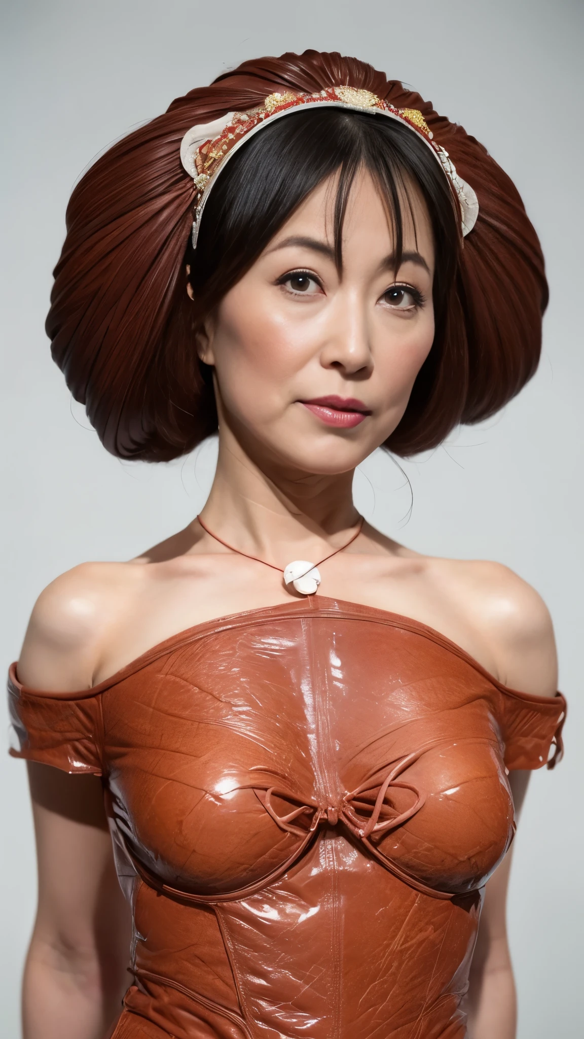 Wearing latex costumes, Fit the top of the head on the screen, in focus, solid color background, gravure, erotic, highest quality, super detailed, realistic, super dense skin, (((anatomically correct))):1.5, (1 Japanese mature woman), (alone), 100 years old, big breasts, Mature AV Actress, Glamour, Sexy, pure white skin, looking at the viewer,
