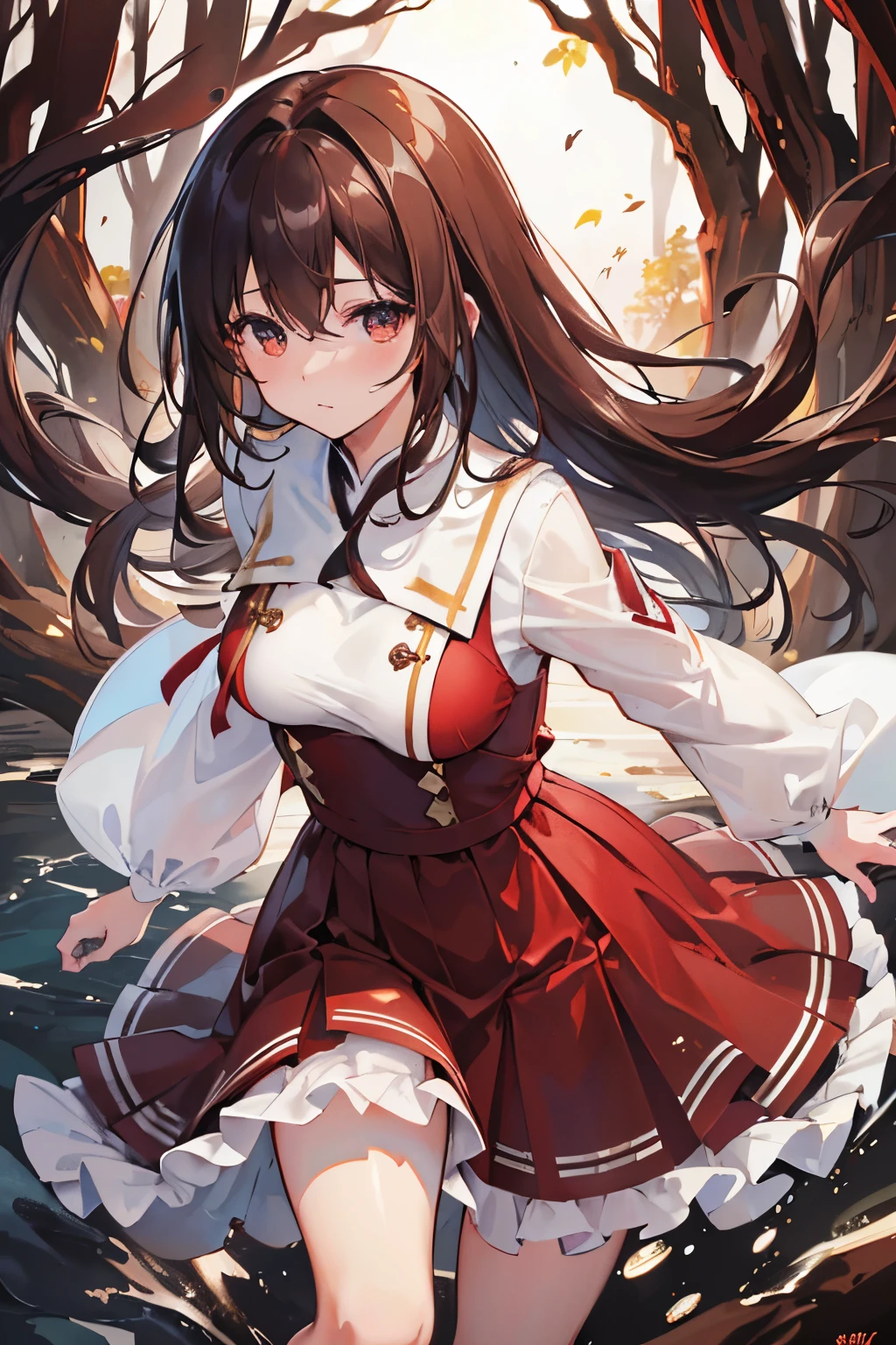 masterpiece,best quality,highest quality,ultra detailed,extremely detailed,highres,official art,high-resolution,4K,8k,UHD,((a short chocolate girl)),(long dark brown hair), (ハート型の箱を胸に抱える), ((hands are dark brown chocolate)), (shy), (右下に視線を向ける), (upper than knees), (legs are dark brown chocolate), (legs chocolate is melting),((long skirt red dress)),(young)