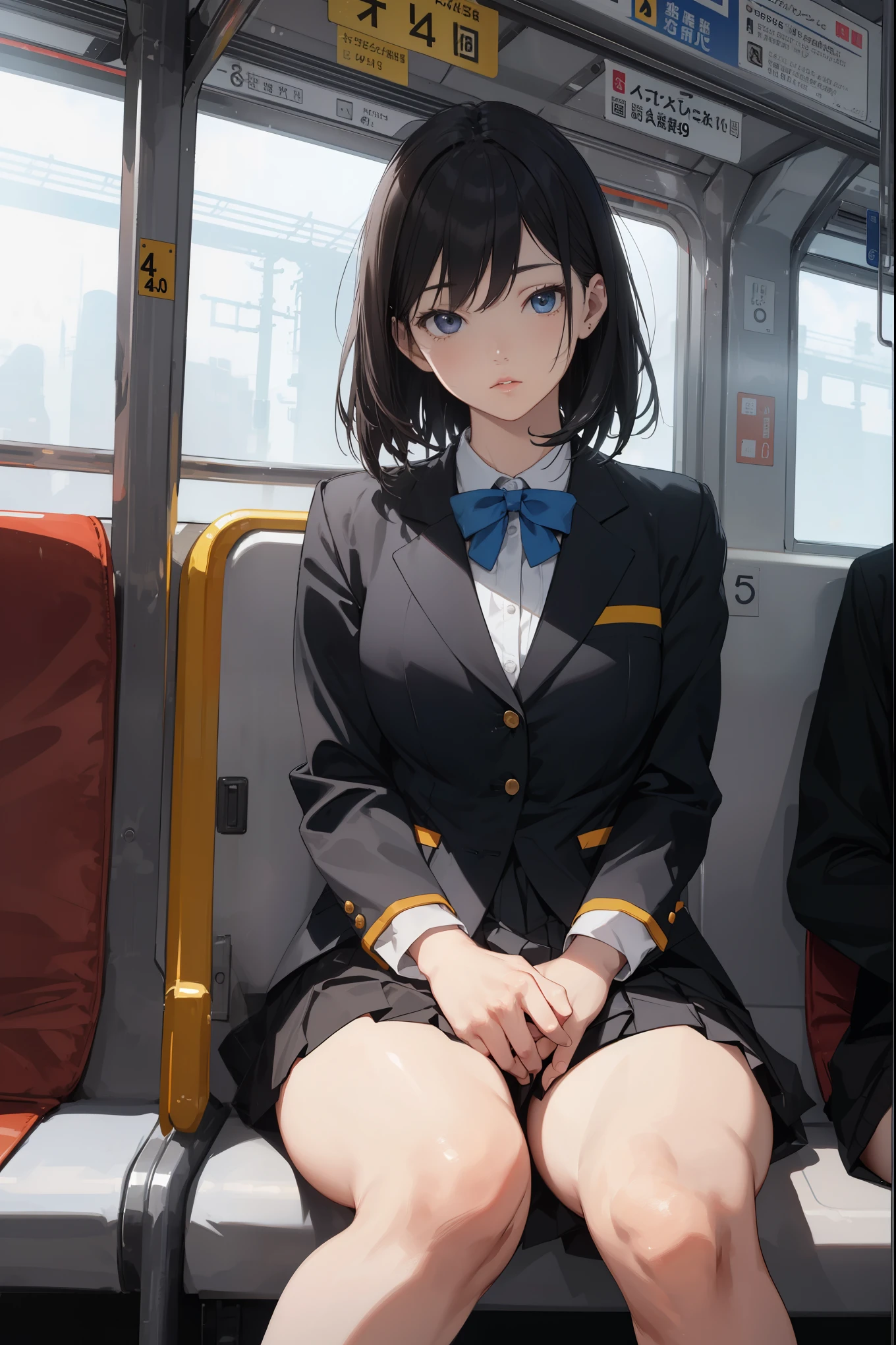 "(Masterpiece, High Definition, Ultra High Definition, 4K) Black hair, Japan girl, uniform skirt, emphasizing thighs, white thighs, soft thighs, glossy thighs, sitting on the train, face-to-face angle, (angle from below),sitting in the train seat,Sitting in front,Zoom camera in the crotch,Feet on the train floor,Full body,Looking down and sleepy,Looking at the viewer only", best quality, ultra high definition, (photorealistic:1.4),, high resolution, detail, raw photo, sharp re, Nikon D850 film stock photo by Lee Jefferies 4 kodak portra 400 camera f1.6 lens rich colors hyper realistic lively textures dramatic lighting unreal engine artstation trends cinestir 800,