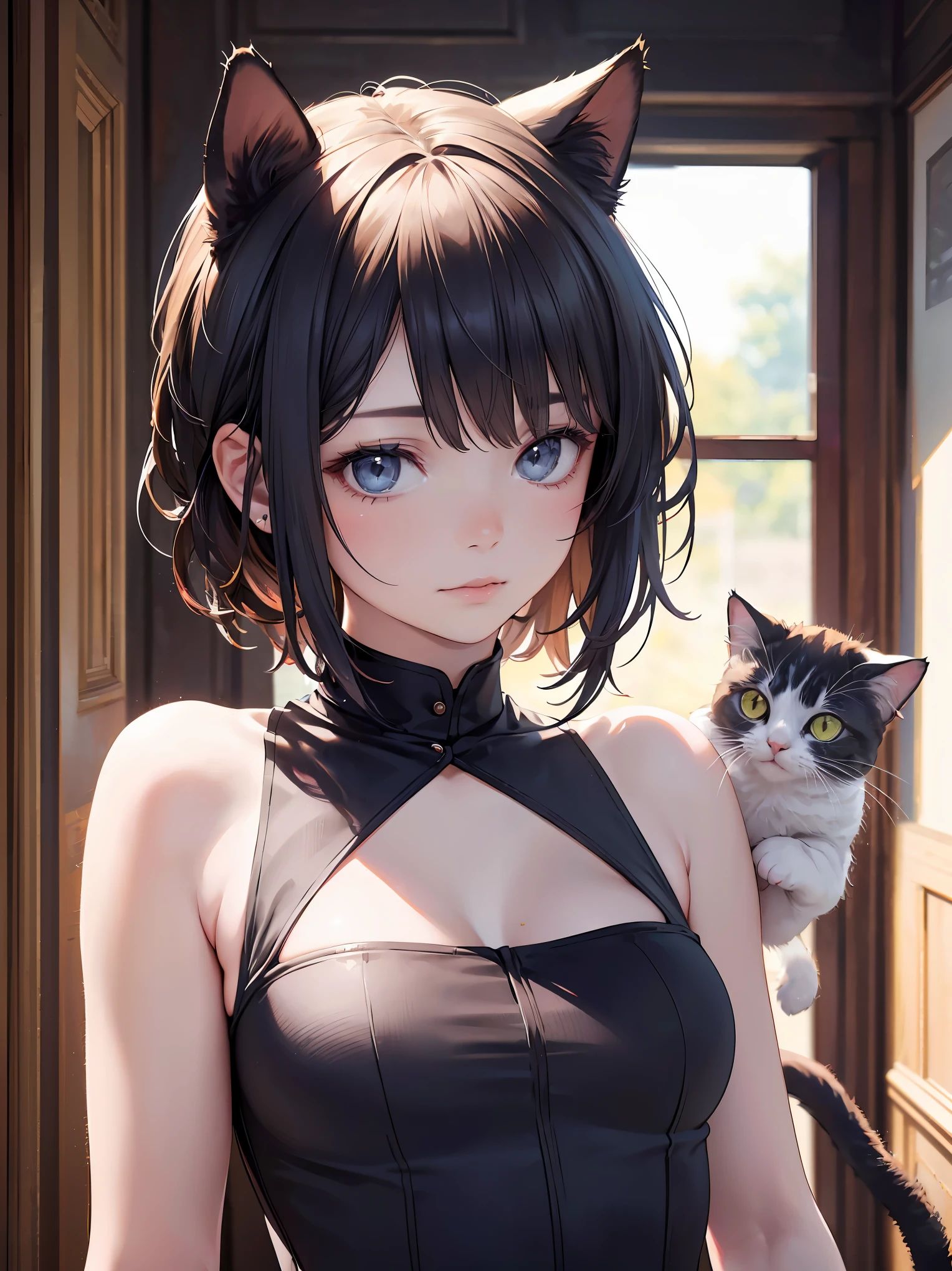 (8k, RAW photo, best quality, masterpiece:1.2), (realistic, photo-realistic:1.37), ultra-detailed, 1 girl,cute, solo, shorth hair、cute little、Cat's ears