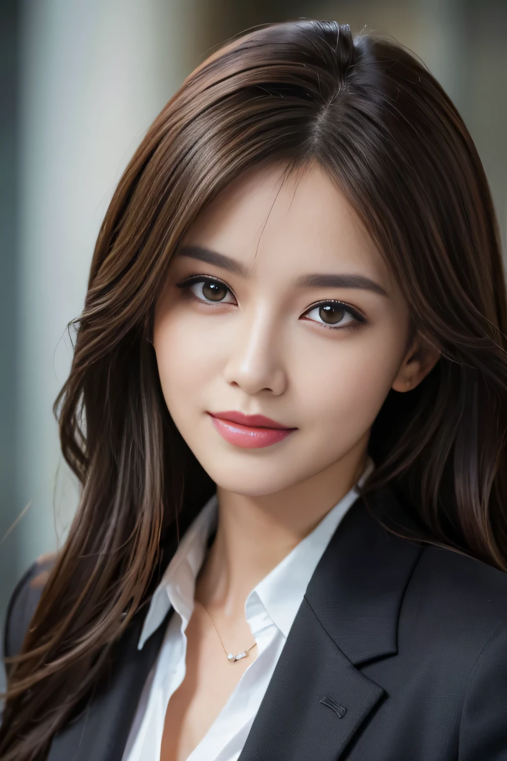 table top, highest quality, realistic, Super detailed, finely, High resolution, 8k wallpaper, 1 beautiful woman,, light brown messy hair, wearing a business suit, sharp focus, perfect dynamic composition, beautiful and detailed eyes, thin hair, Detailed realistic skin texture, smile, close-up portrait, model body shape
