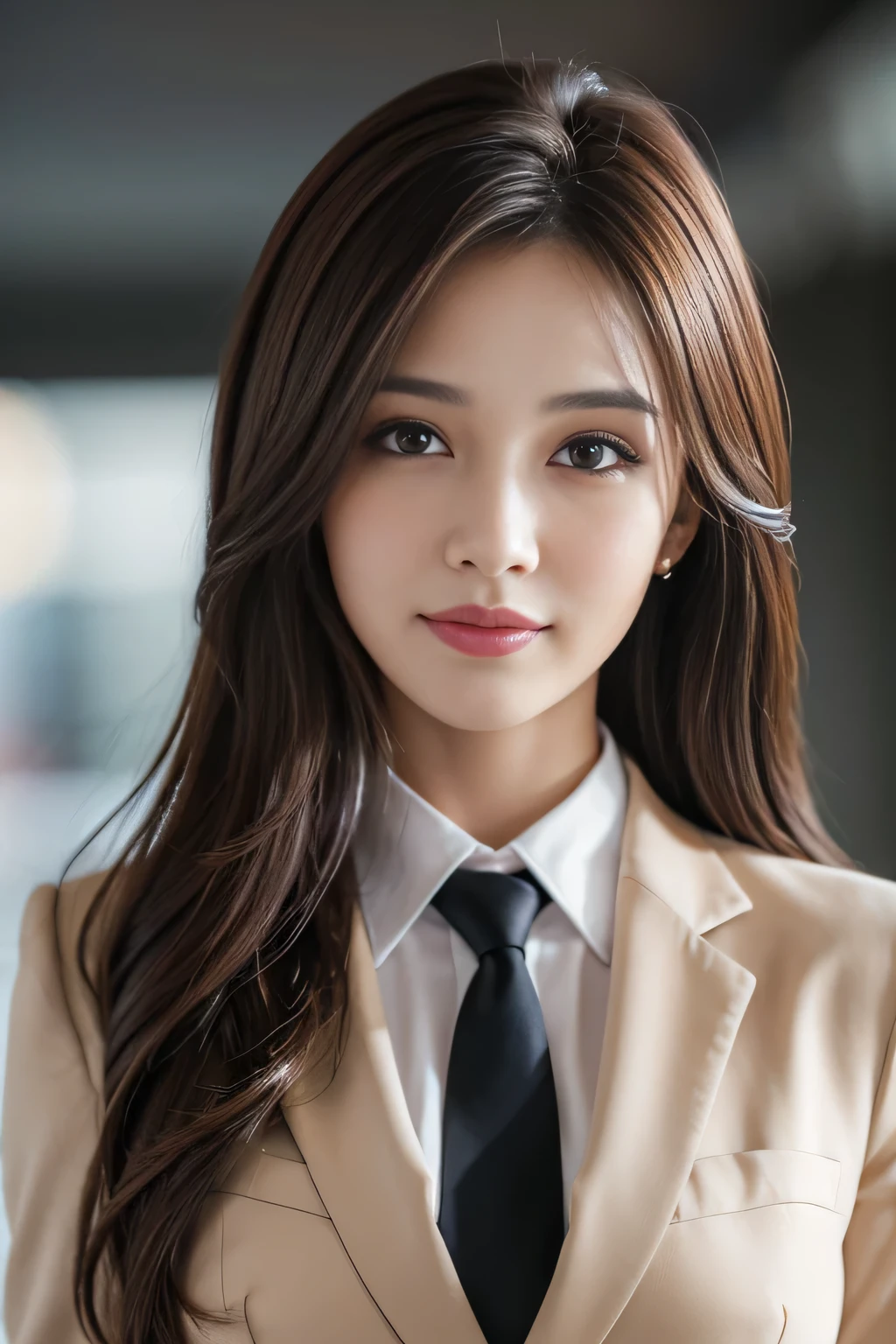 table top, highest quality, realistic, Super detailed, finely, High resolution, 8k wallpaper, 1 beautiful woman,, light brown messy hair, wearing a business suit, sharp focus, perfect dynamic composition, beautiful and detailed eyes, thin hair, Detailed realistic skin texture, smile, close-up portrait, model body shape