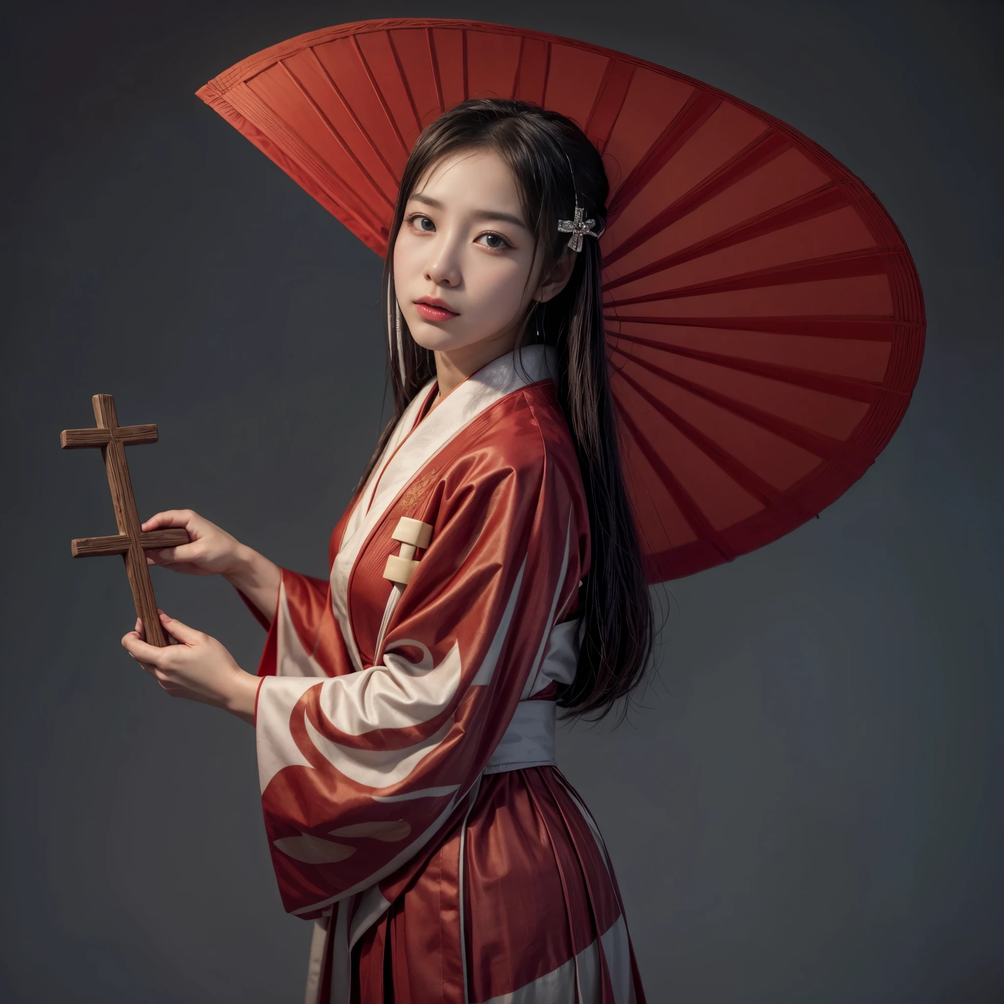 a woman dressed in a traditional Japanese kimono, holding a red cross, and with a giant fan behind her, she is, Japanese goddess, she is holding a cross, long stick, Chinese girl, palace, a girl in hanfu, work of art in z.w style gu, a beautiful art illustration, chinese woman, japanese art style, japanese woman, ancient chinese goddess.