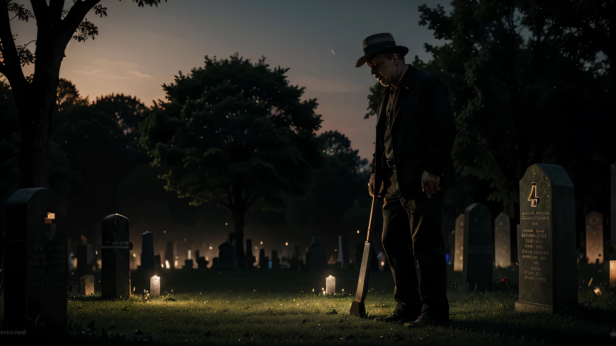 realistic image of a scared 45 year old gravedigger in a night cemetery realistic image of a scared 45 year old gravedigger in a night cemetery realistic image of a scared 45 year old gravedigger in a night cemetery