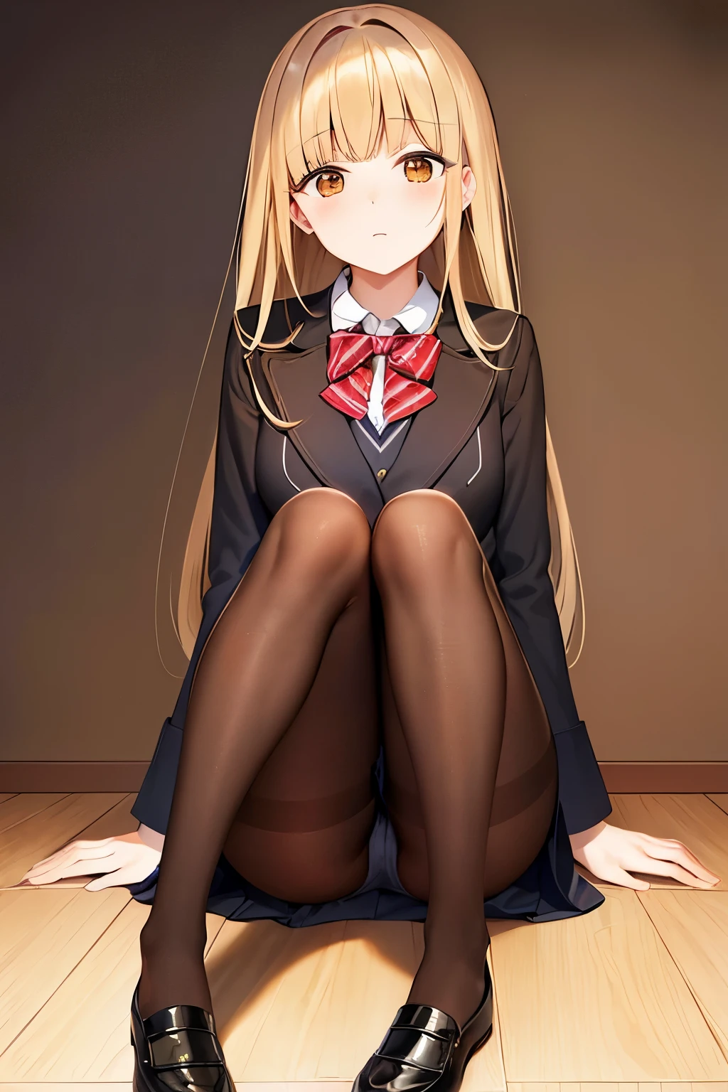 mahirushiina, mahiru shiina, blonde hair, (brown eyes:1.7), long hair, BREAK black footwear, black pantyhose, blazer, bow, bowtie, collar, collared shirt, jacket, pantyhose, plaid, plaid skirt, pleated skirt, red bow, red bowtie, school uniform, shirt, shoes, skirt, BREAK looking at viewer, full body, BREAK indoors, classroom, BREAK (masterpiece:1.2), best quality, high resolution, unity 8k wallpaper, (illustration:0.8), (beautiful detailed eyes:1.6), extremely detailed face, perfect lighting, extremely detailed CG, (perfect hands, perfect anatomy),
