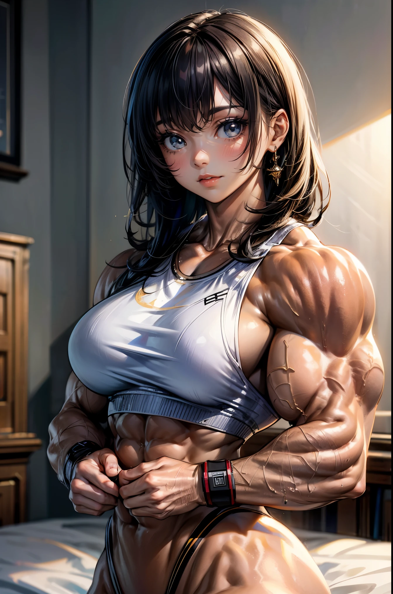 (best lighting) , (Extremely complex and detailed) , 4K unified, (Super detailed CG: 1.2) , (8k: 1.2),(original), (masterpiece) , (best quality),(masterpiece:1.4),Anime-like high quality,(masterpiece),masterpiece, Super clear picture quality，clearer than，（delicate face）best quality, absurd,((peace master, 4K, 8k, Yes, high resolution))1个girl, female student，,(beautiful bass),((bodybuilder:1.5))(girl),(miss),(((Upper body:1)))Upper body，Arm muscles close-up。at home，on the bed