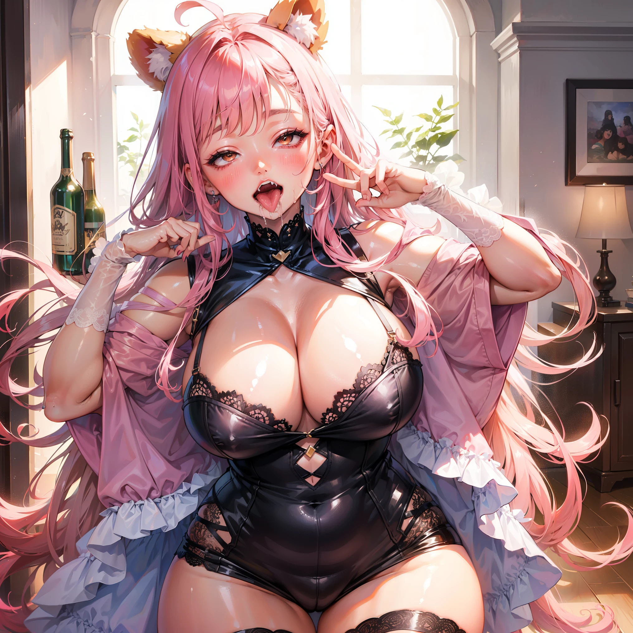 ((((1girl)))), pink hair, ahoge, (curly hair), ((very long hair)), ((half-closed eyes)), bear ears, (((fang))), ((((dark skin)))), ((huge breasts)), ((brown eyes)), (thick thighs), ((thick lips)), ((wide hips)), (thighhighs), ((pink oufit)), ((lace)), ((long eyelashes)), super detailed, ((cleavage)), ((best quality)), highres, UHD, textured skin, ((pink)), ((indoor)), ((tongue out)), ((drooling)), 