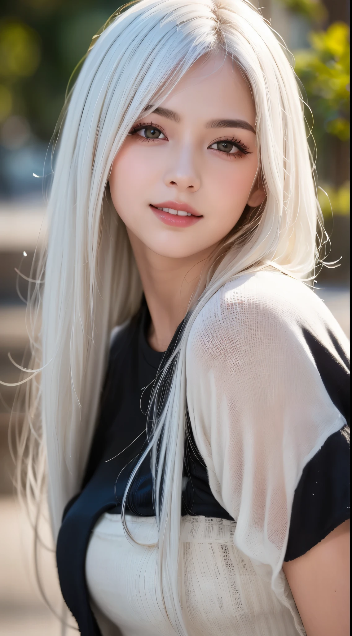 (((white hair、ワンピース)))、masterpiece、Best Quality、8K、8years old、Teen、Raw photo、absurderes、award winning portrait、Smile、Solo、teats、Idol face、Delicate girl、Upper body、Digital SLR、Looking at Viewer、Candid、Sophisticated、Thin arms、Professional Lighting、Film grain、chromatic abberation、(Eyes and faces with detailed:1.0)、(Bokeh:1.1)、 (shirt:1.1)、closes mouth 、Blond hair、drooing eyes、Thin lip、de pele branca