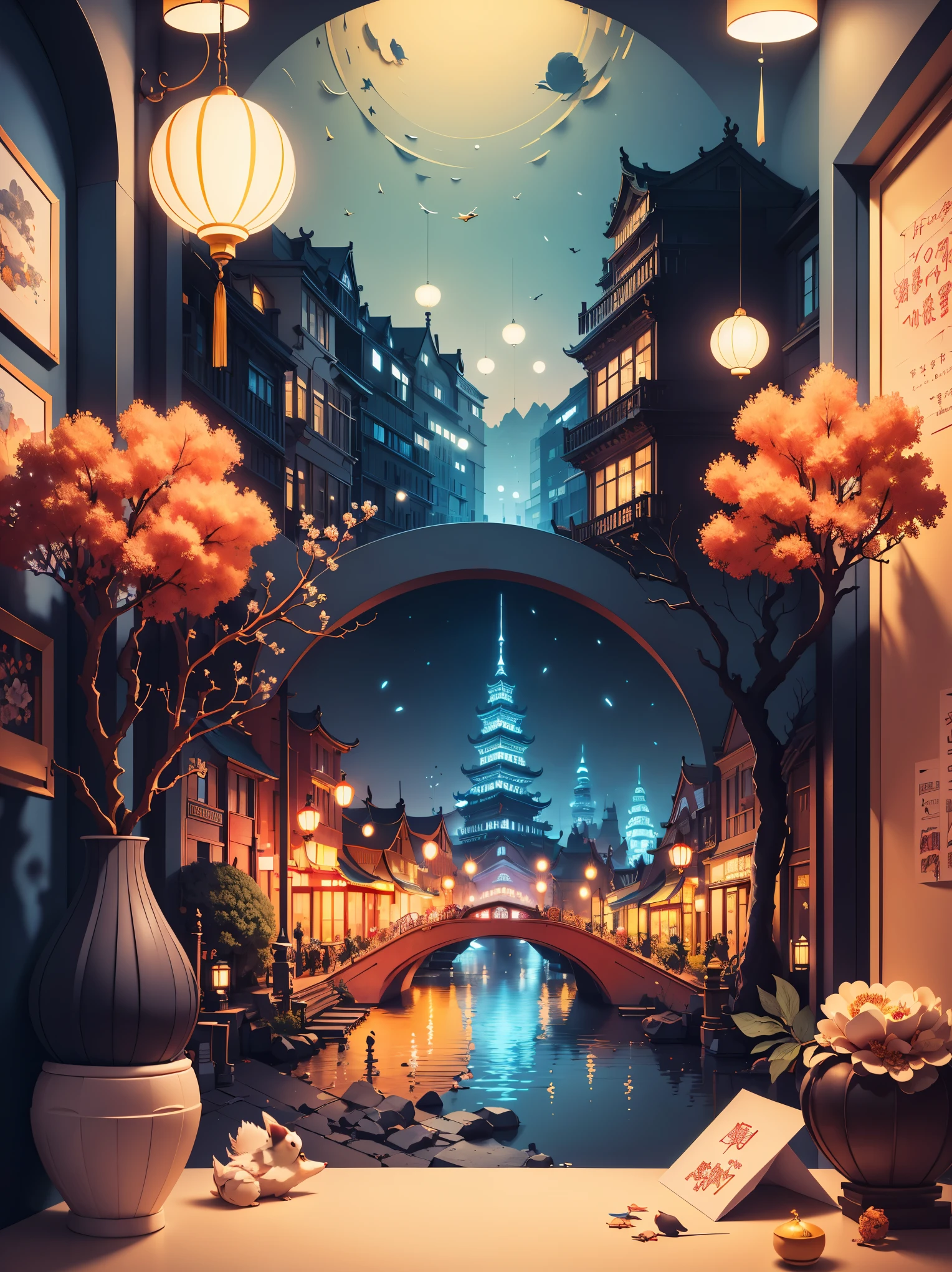 (((masterpiece))), best quality, illustration, Beautiful and detailed light, paper_cut, wallpaper, Red,City,fireworks,Chinese style,Spring Festival