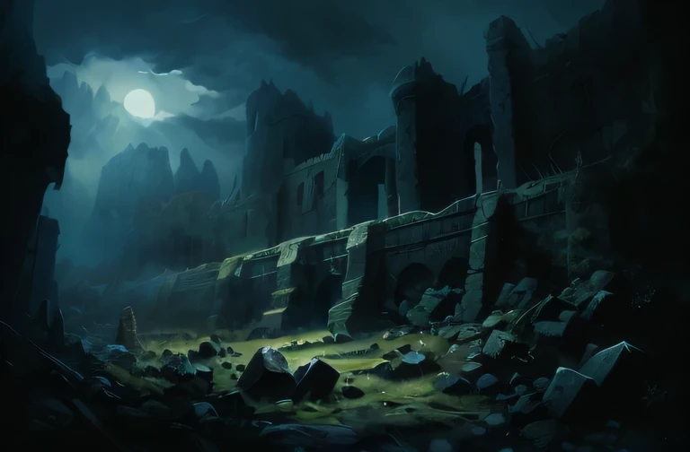 there is a painting of a castle in the middle of a mountain, dark ruins landscape, dark city ruins, inspired by Andreas Rocha, dark fantasy environment, ruins landscape, city ruins background, dark castle background, andreas rocha style, grimdark matte fantasy painting, dark castle setting, game art matte painting, dramatic lighting. concept art, dark ruins