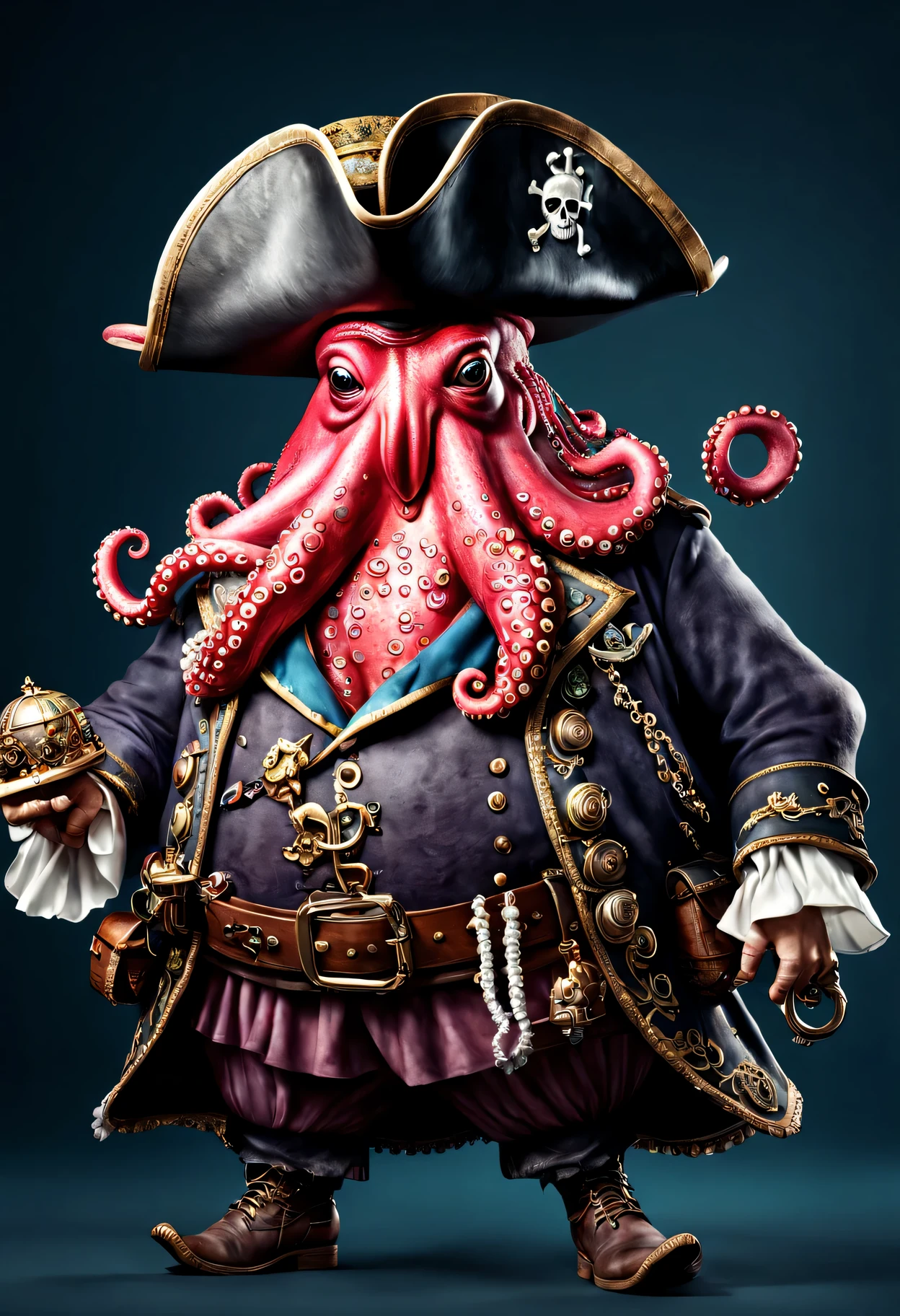 photorealistic portrait of Dressed animals - a ((fat)) octopus pirate,(brave pose), high quality,(lovely) ,intricate details, highly detailed ((pirate's hat and clothes)) ,,highly detailed decorations, , (brave), studio lighting,(full body image:1.5)