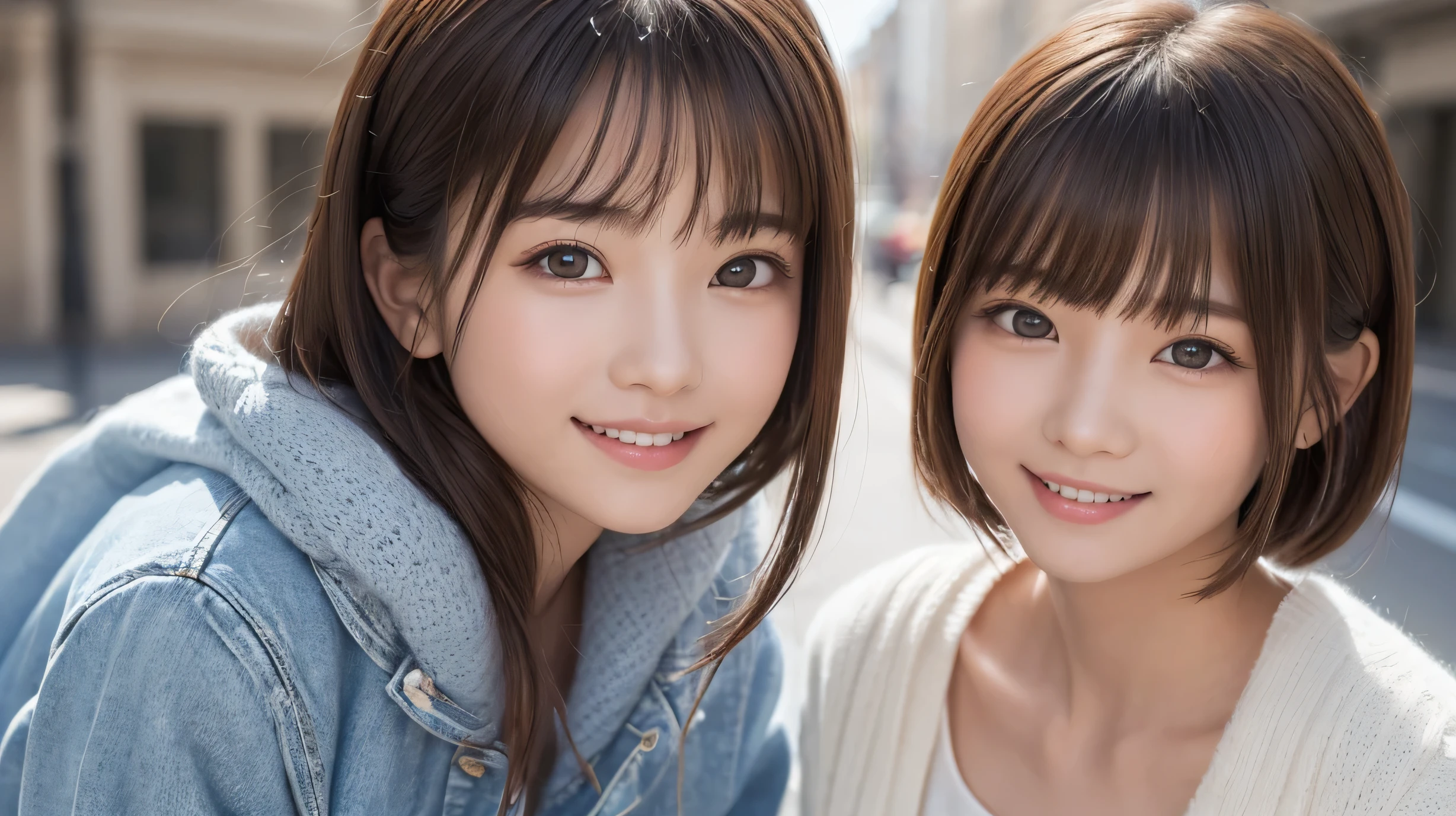 girl1人、(beautiful girl、華奢なgirl:1.3)、(10 years old:1.3)、 break、(wool clothes:1.3)、 break, (Street view:1.3), break、very fine definition、(symmetrical eyes:1.3)、 break、small breasts、brown eyes、Parted bangs、brown hair、girl、 break, (Eye and face details:1.0)、(close up on face、zoom in on the face、face focus:1.0)、 break、(masterpiece、highest quality、Super detailed、detailed face、8K)、smile、
