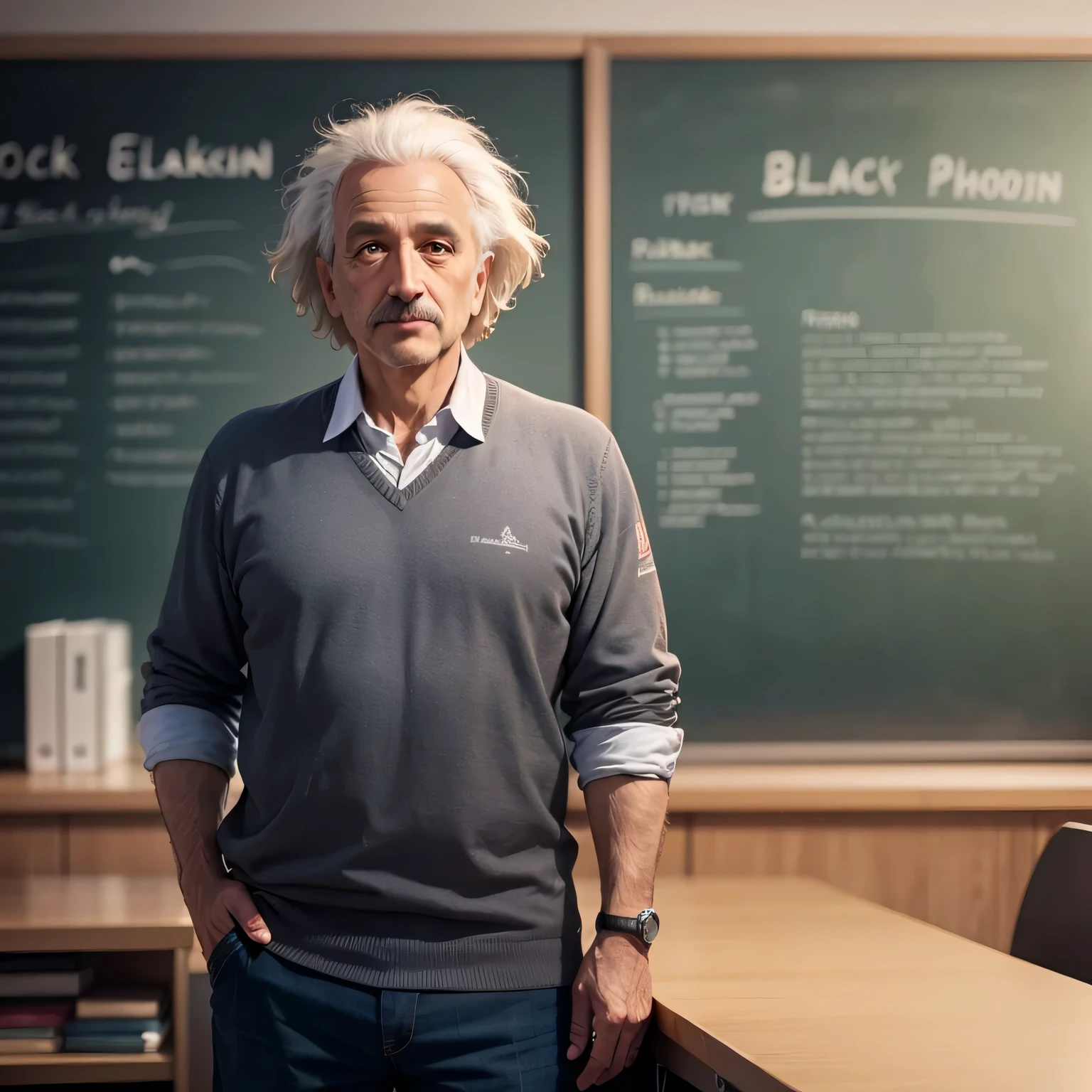 a full-length photograph of a man in his 40s who physically resembles Albert Einstein, mirando a la camara, mirando al frente, junto a un escritorio con una pizarra al fondo, al estilo Pixar
