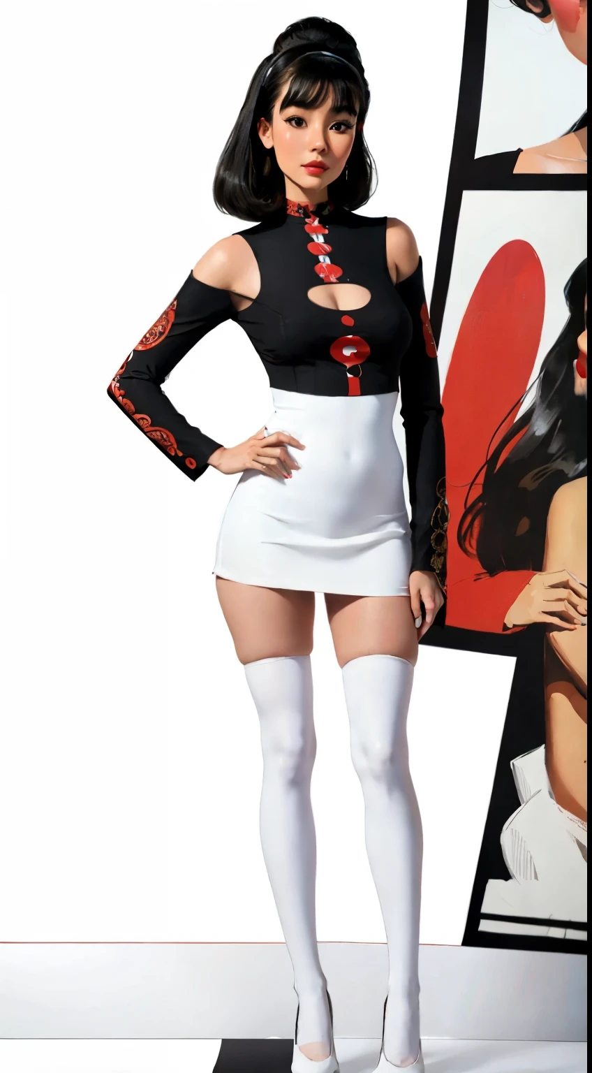 Caucasian, 1960's gogo style, young woman in her twenties , (((((full body portrait poster))))), black hair, fair skin, red dress with white polka dots, black tights, (((((white background))))), contour, hyper-detailed intricately detailed, unreal engine, fantastical, intricate detail, complementary colors, fantasy concept art, 8k resolution, deviantart, masterpiece, oil painting, 