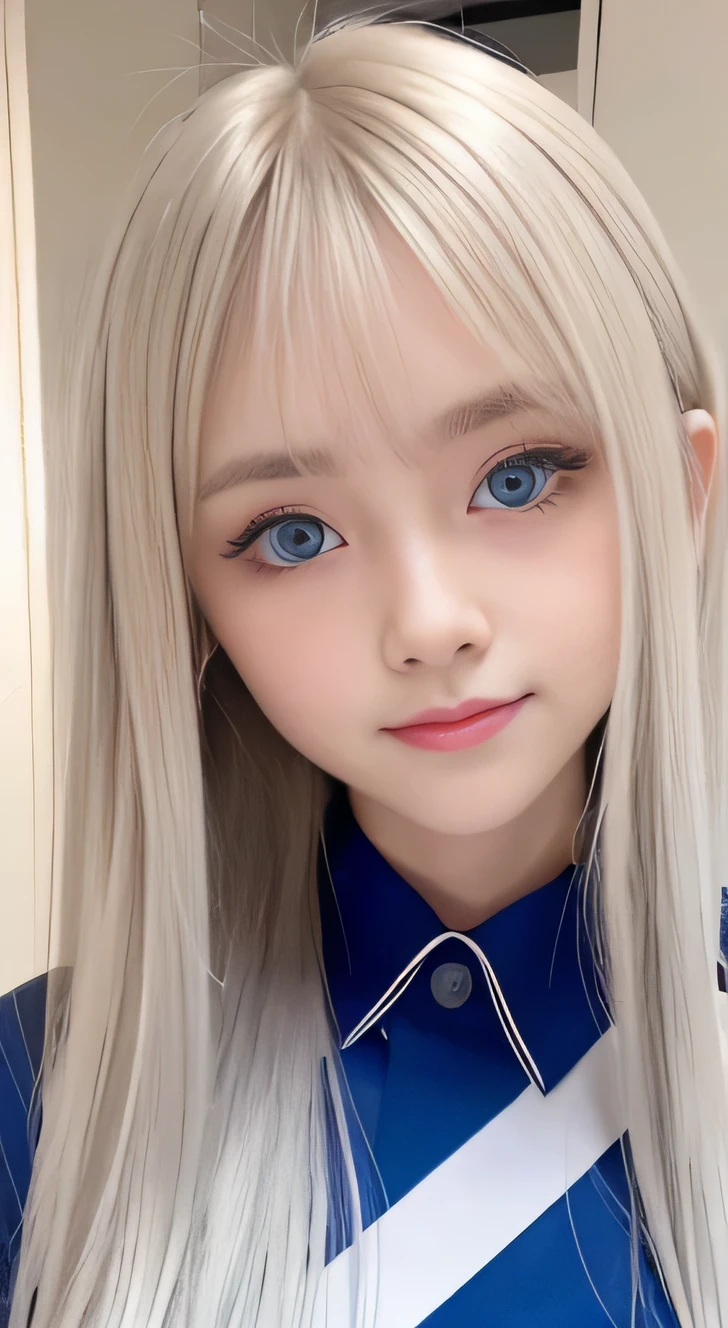 bright look, photorealism, highest quality, Super A high resolution, picture, The most beautiful photos of Nordic girls, cute and beautiful face details, small face, (smile shyly:1.4), (Pueros face_v1:0.008), beautiful bangs, alice in wonderland, 17 years old, White and shiny skin, Pigtails, Bangs that extend to the face, by bangs, hair between eyes, super long hair, さらさらのsuper long hairが魅力的なプラチナブロンドヘア, thin hair, Charming shining beauty bright clear light blue big eyes, (big round eyes, droopy eyes:1.4), high school uniform, sailor suit, Eyeliner, double eyelid, crisp chest