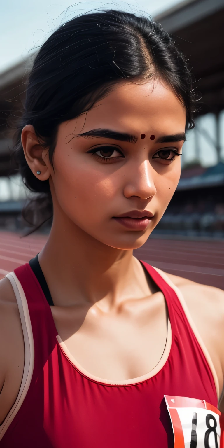 beautiful mature Indian college girl, in black tank top, outside on track field, ((slim, )), photorealistic, photo, masterpiece, realistic, realism, photorealism, high contrast, photorealistic digital art trending on Artstation 8k HD high definition detailed realistic, detailed, skin texture, hyper detailed, realistic skin texture, armature, best quality, ultra high res, (photorealistic:1.4),, high resolution, detailed, raw photo, sharp re, by lee jeffries nikon d850 film stock photograph 4 kodak portra 400 camera f1.6 lens rich colors hyper realistic lifelike texture dramatic lighting unrealengine trending on artstation cinestill 800,