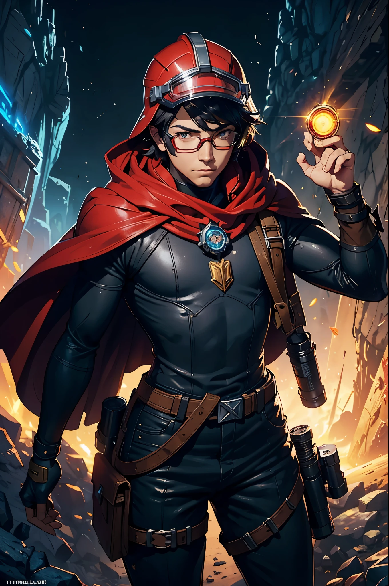 there is an explorer man/researcher with goggles and red cape, wearing a protective helmet with a flashlight on top, em uma caverna, Personagem de League of Legends art, Stanley Artgerm Lau, iconic character splash art, , Arte conceitual da Riot Games, artgerm detalhado, xqc,