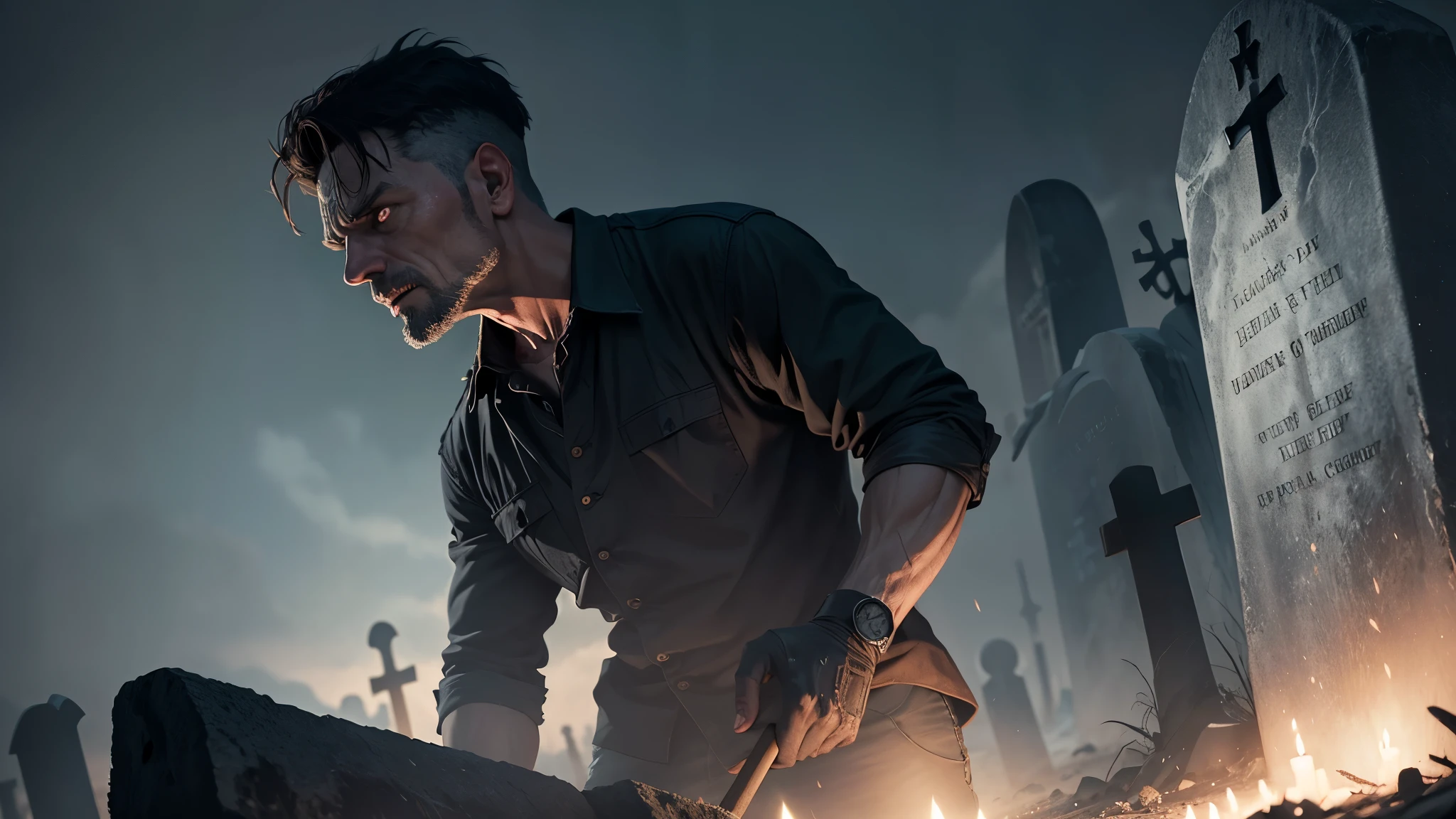 realistic image of a scared 45-year-old gravedigger in a night cemetery