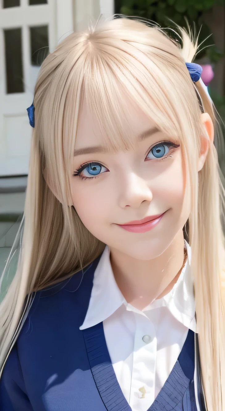 bright look, photorealism, highest quality, Super A high resolution, picture, The most beautiful photos of Nordic girls, cute and beautiful face details, small face, (smile shyly:1.4), (Pueros face_v1:0.008), beautiful bangs, alice in wonderland, , White and shiny skin, Pigtails, Bangs that extend to the face, by bangs, hair between eyes, super long hair, さらさらのsuper long hairが魅力的なプラチナブロンドヘア, thin hair, Charming shining beauty bright clear light blue big eyes, (big round eyes, droopy eyes:1.4), school uniform,  Eyeliner, double eyelid, crisp chest