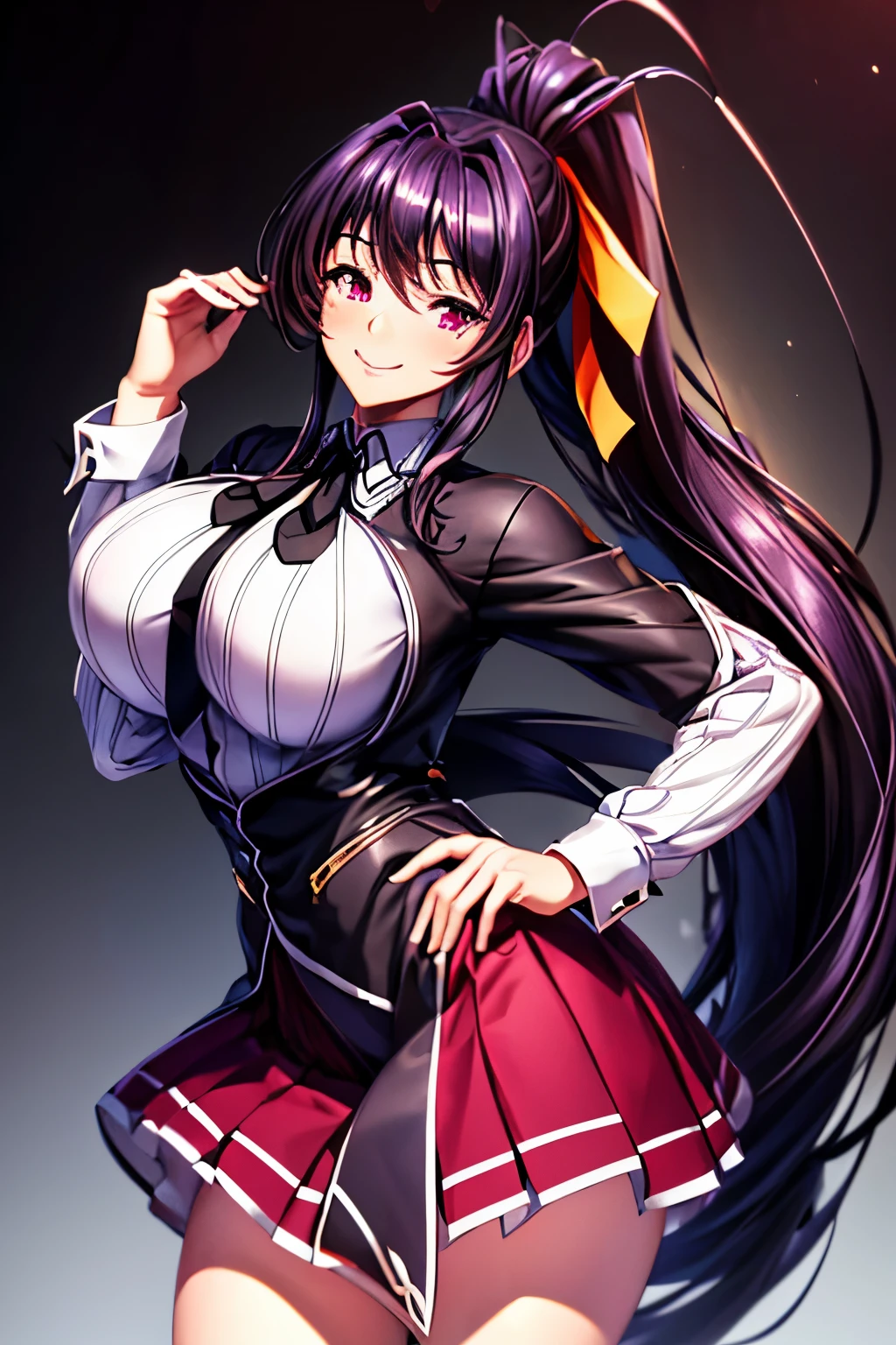 best quality, masterpiece, 1girl, (solo:1.1), raytracing, ultra detailed,detailed face, 8k wallpaper, wide hips, smile, HimejimaAkenoNDV, 1girl, black hair, large breasts, very long hair, purple eyes, red skirt, school uniform, shirt, corset, ponytail, hair ribbon, ribbon, outdoor, 