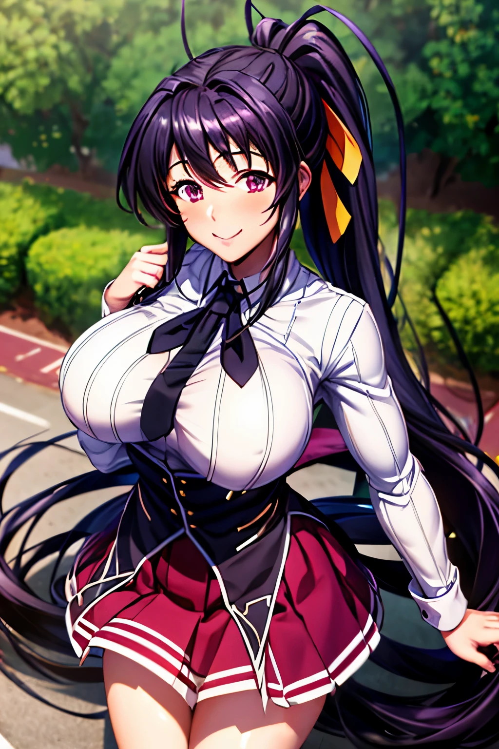 best quality, masterpiece, 1girl, (solo:1.1), raytracing, ultra detailed,detailed face, 8k wallpaper, wide hips, smile, HimejimaAkenoNDV, 1girl, black hair, large breasts, very long hair, purple eyes, red skirt, school uniform, shirt, corset, ponytail, hair ribbon, ribbon, outdoor, 