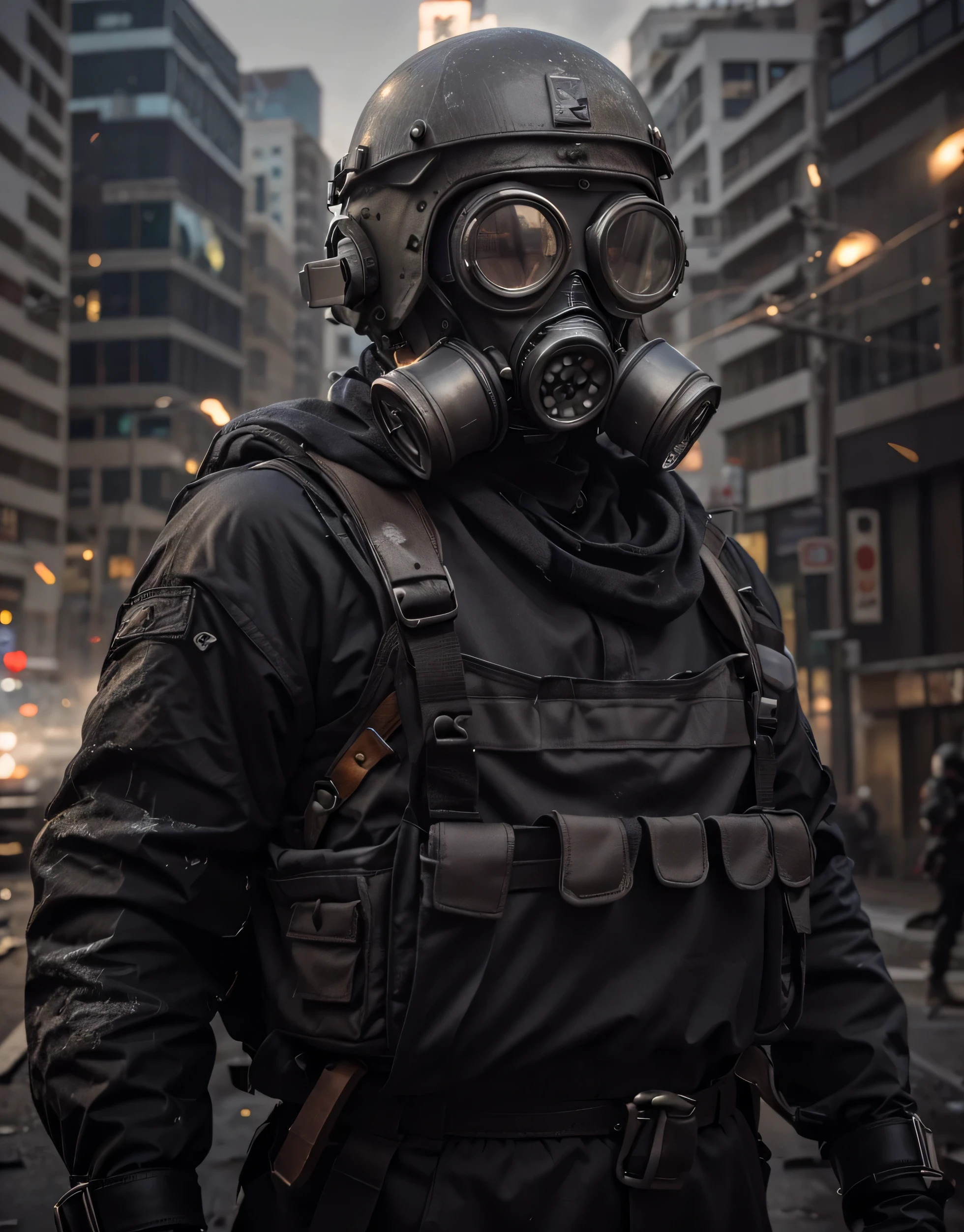 Soldado masculino, aluminum tactical gas mask with round visors with violet glass, casco militar de aluminio, mono gris muy claro, chaleco antibalas, arneses y cinturones con municiones, guantes de cuero negro, is located in a gloomy modern city completely destroyed, big explosion of scarlet smoke, 4k, ultra detallado image, Realista, muy detallado, perfect composition, gorgeous, Intrincadamente detallado, incredibly detailed, 8 k artistic photography, hiper detallado, obra maestra, ultra detallado, hyper Realista, 4k, ultra detallado image, Realista , muy detallado, perfect composition, hermoso, Intrincadamente detallado, incredibly detailed, 8K fine art photography, hiper detallado, obra maestra