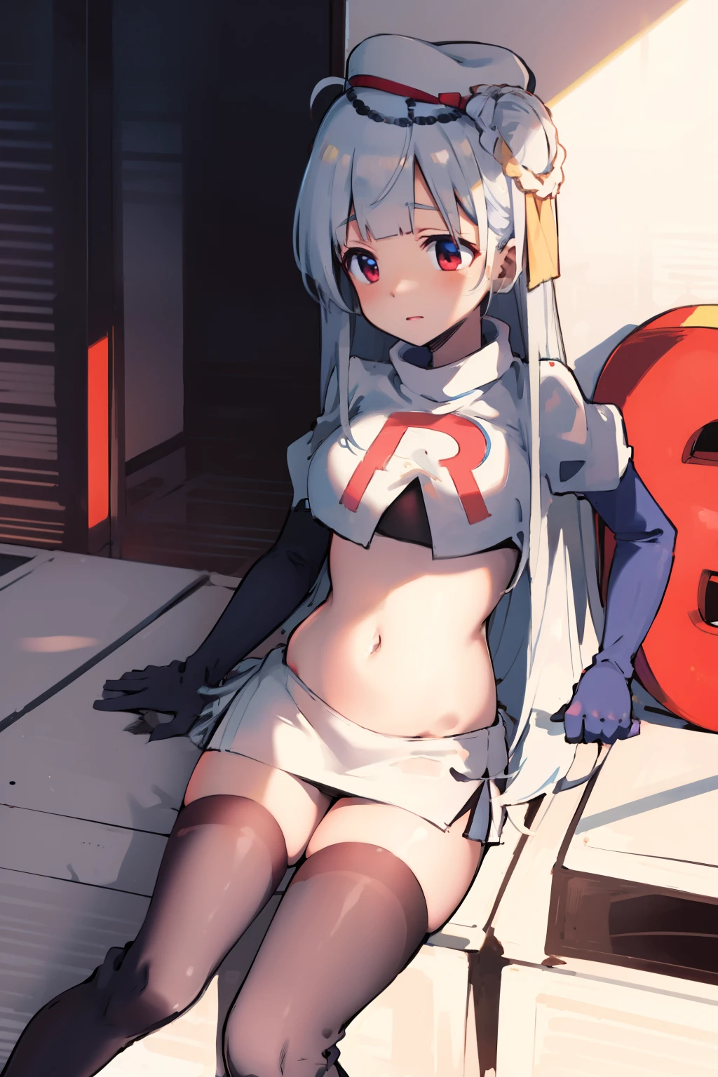 cygnet \(azur lane\), hat, team rocket,team rocket uniform,white skirt,red letter R,crop top,black thigh-highs,black elbow gloves