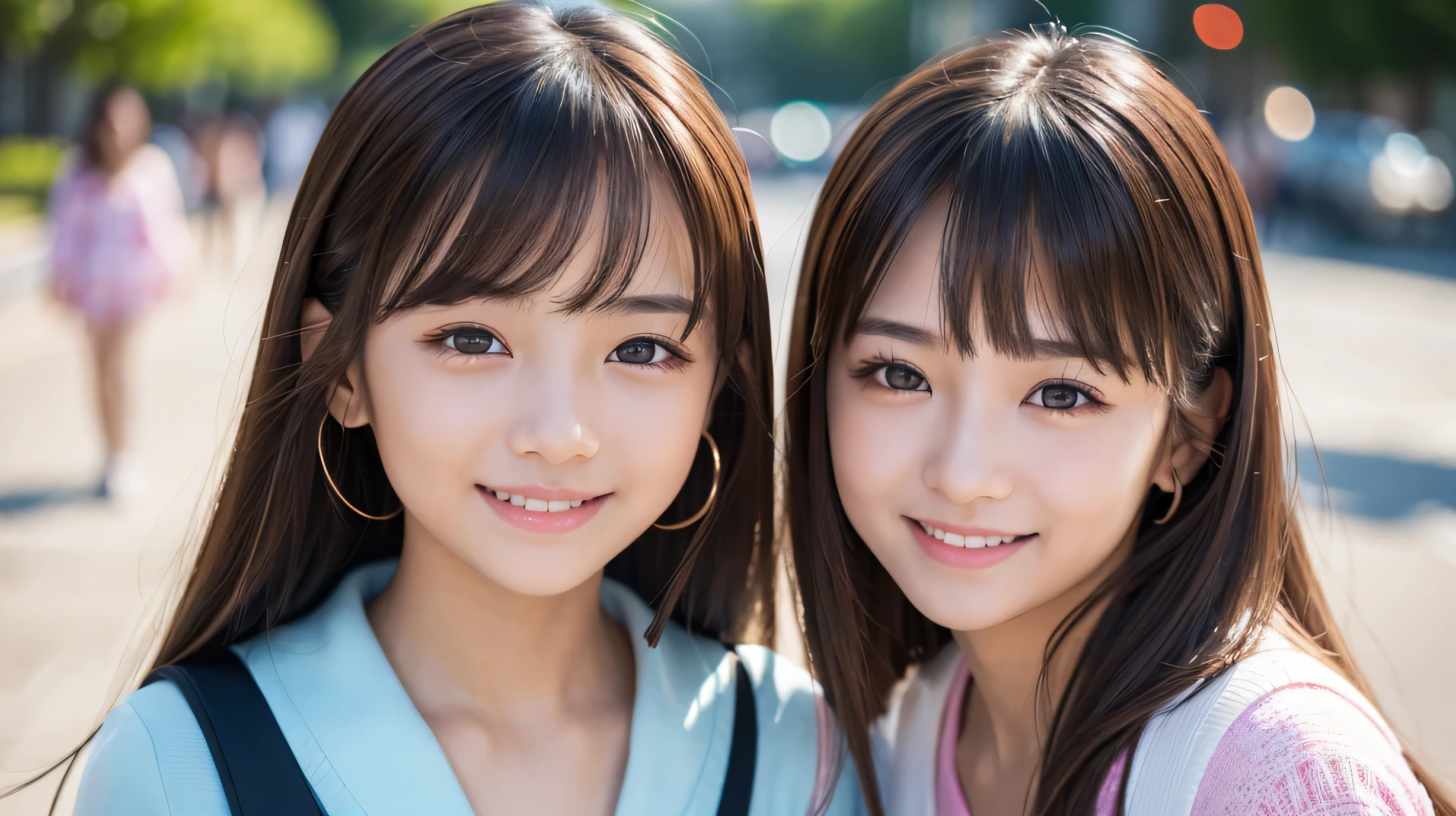 girl1人、(beautiful girl、華奢なgirl:1.3)、(10 years old:1.3)、 break、(summer clothes:1.3)、 break、(Street view:1.3)、 break、very detailed definition、(symmetrical eyes:1.3)、 break、small breasts、brown eyes、parting of bangs、brown hair、girl、 break、 (Eye and face details:1.0)、(close up of face、Zoom in on faces、face focus:1.0)、 break、(masterpiece、Highest image quality、Super fine、detailed face、8K)、smile、