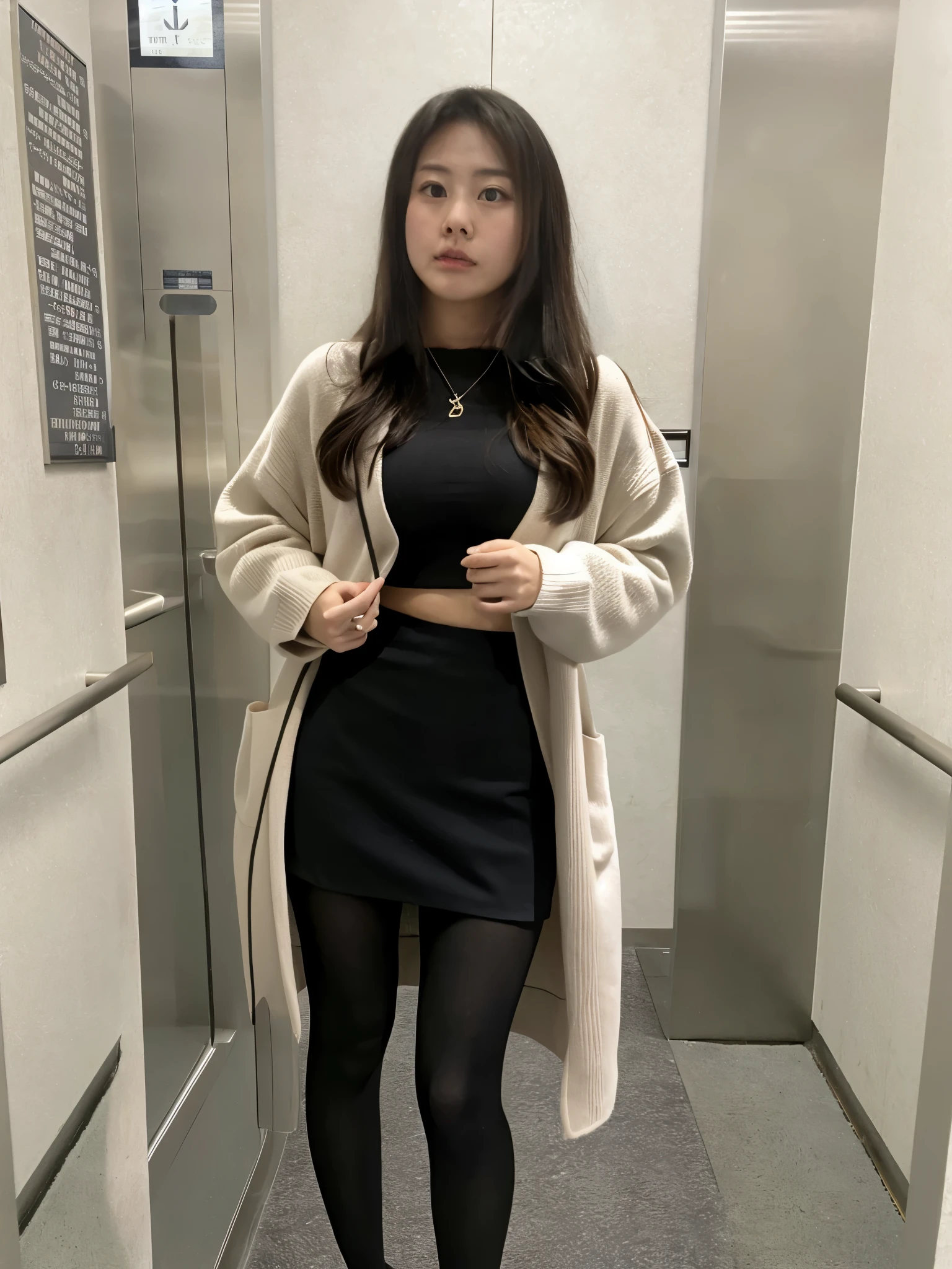 coat,cardigan,tight mini skirt
