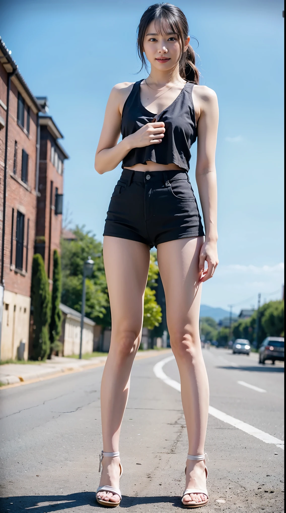 (8K、RAW photo、highest quality、masterpiece:1.2)、(realistic、Photoreal)、1 girl、I have a mole next to my eye、((Tank top、Chest visible、black shorts、sandals))、lots of eyelashes、glitter on eyelids、skeletally correct、thighs open、Swinging ponytail、cute smile、sweaty body、attractive body beautiful perfect body、Beautifully aligned fingertips、stand with hands on hips