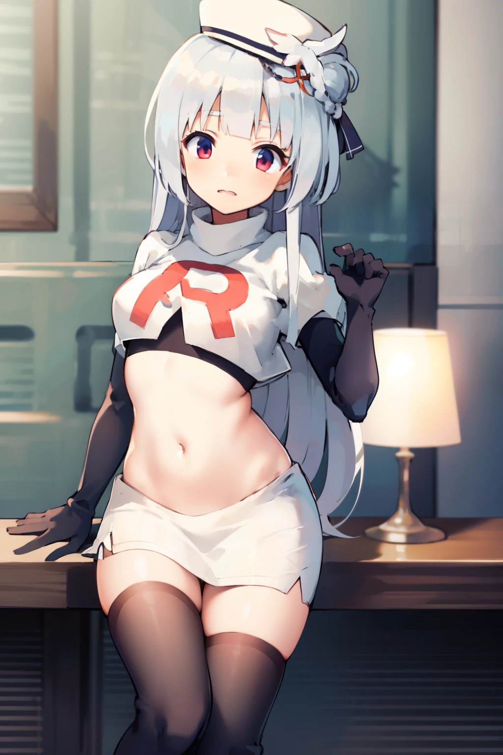 cygnet \(azur lane\), hat, team rocket,team rocket uniform,white skirt,red letter R,crop top,black thigh-highs,black elbow gloves