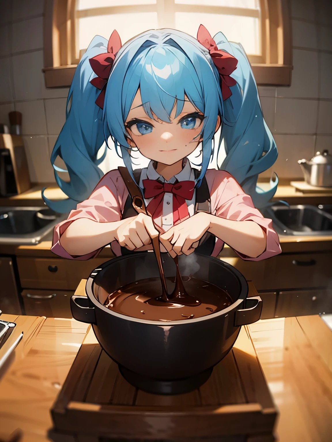 Valentine Valentine's Day preparation chocolate bowl chocolate bar handmade chocolate cooking cooking girl twintails light blue hair cute