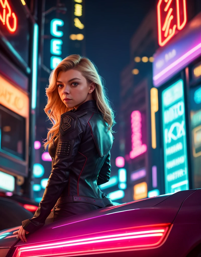 de cerca, foto cruda de Natalie Dormer, pelo corto cortado de lado, Busy Cyberpunk city with neon signs, Altamente detallado, arts station, semillas, Sharp focus, 8k, tendencia en instagram, tendencia en tumblr, HDR 4K, 8k