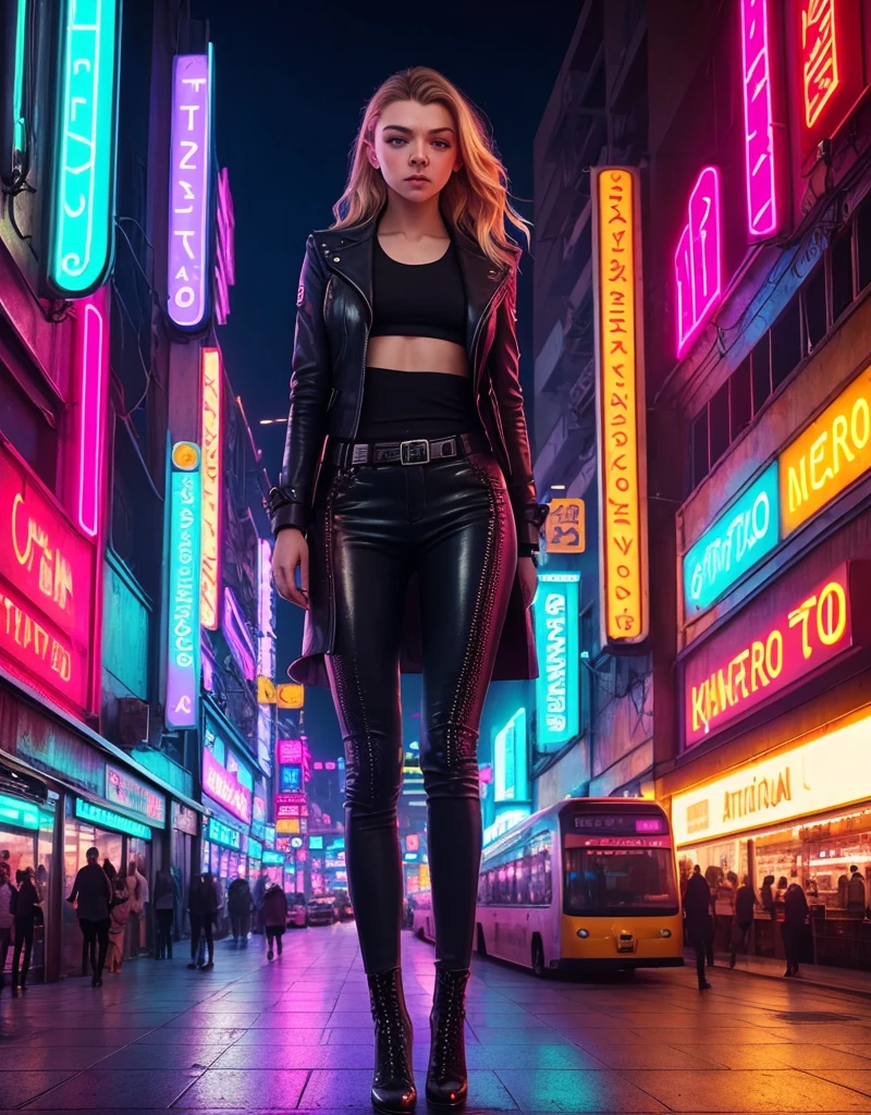 de cerca, foto cruda de Natalie Dormer, pelo corto cortado de lado, Busy Cyberpunk city with neon signs, Altamente detallado, arts station, semillas, Sharp focus, 8k, tendencia en instagram, tendencia en tumblr, HDR 4K, 8k