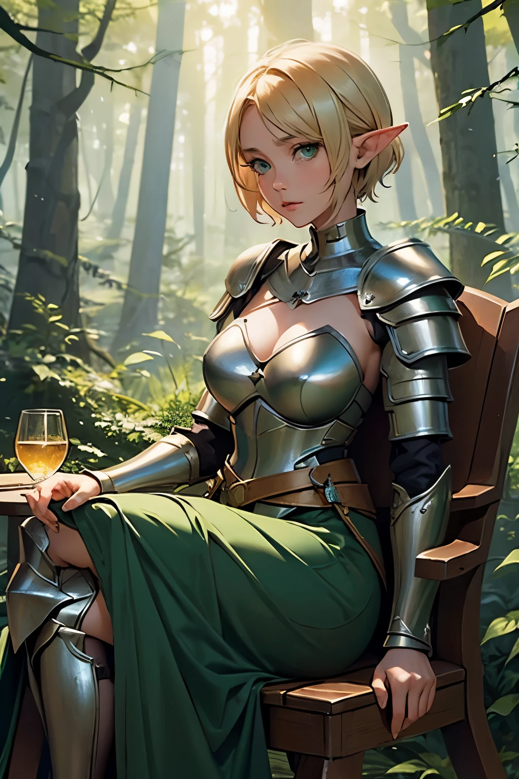 1Girl, Elf, Short blonde hair, beautiful, green eyes, medium breasts, ((wearing a medieval light armor), ((Sit down in a forest))